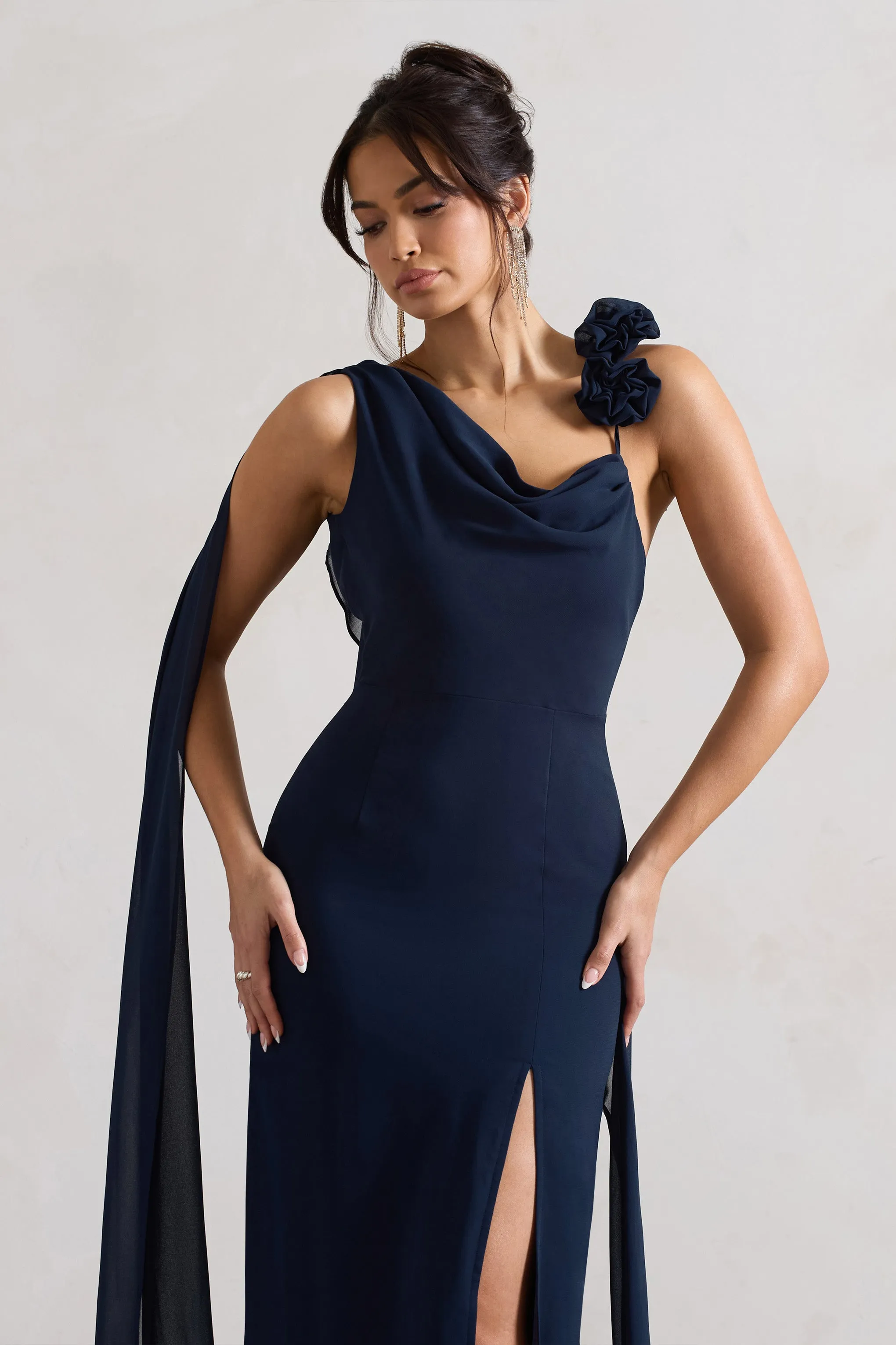 Angeline | Navy Chiffon Draped Split Maxi Dress With Corsages Club L London
