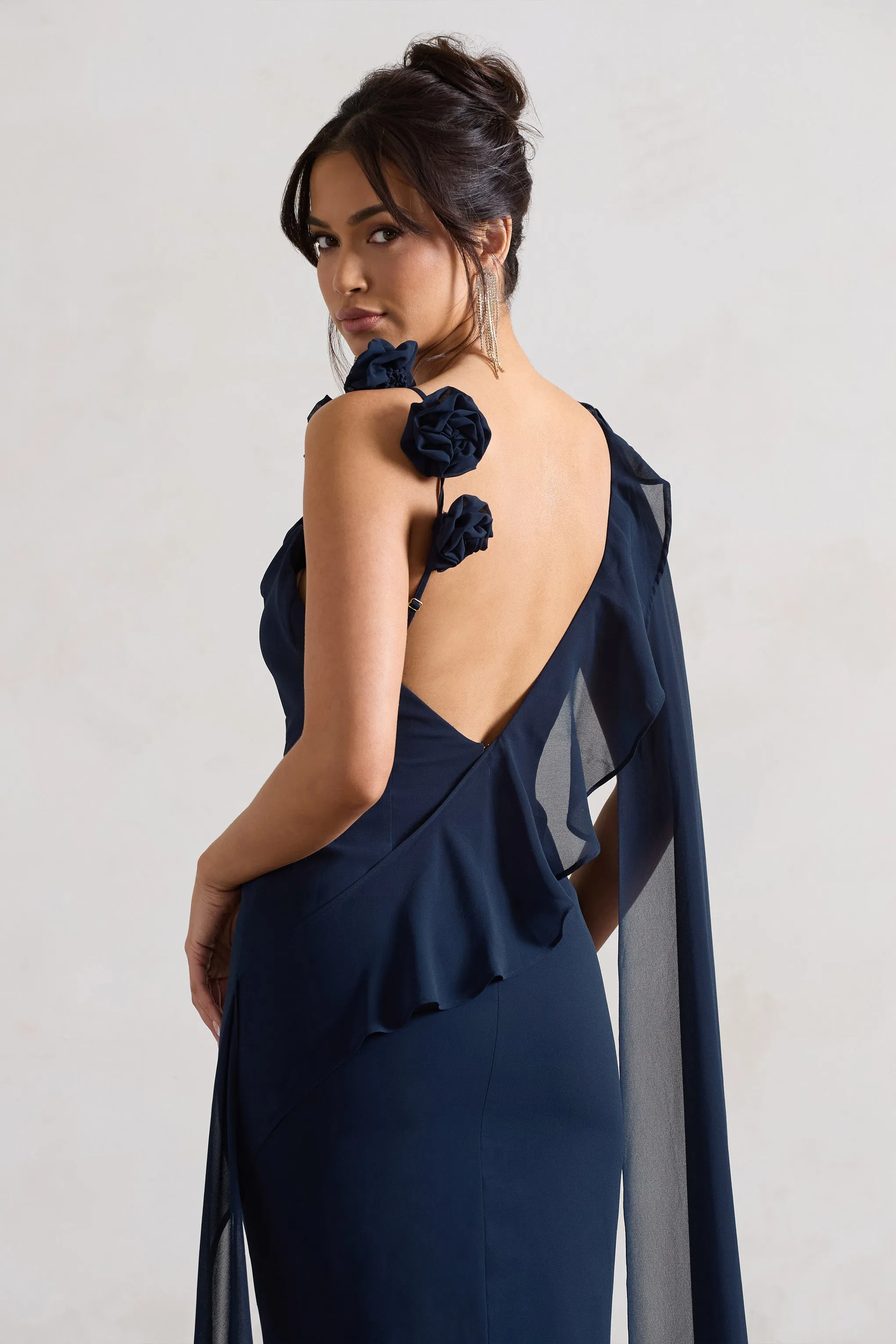 Angeline | Navy Chiffon Draped Split Maxi Dress With Corsages Club L London