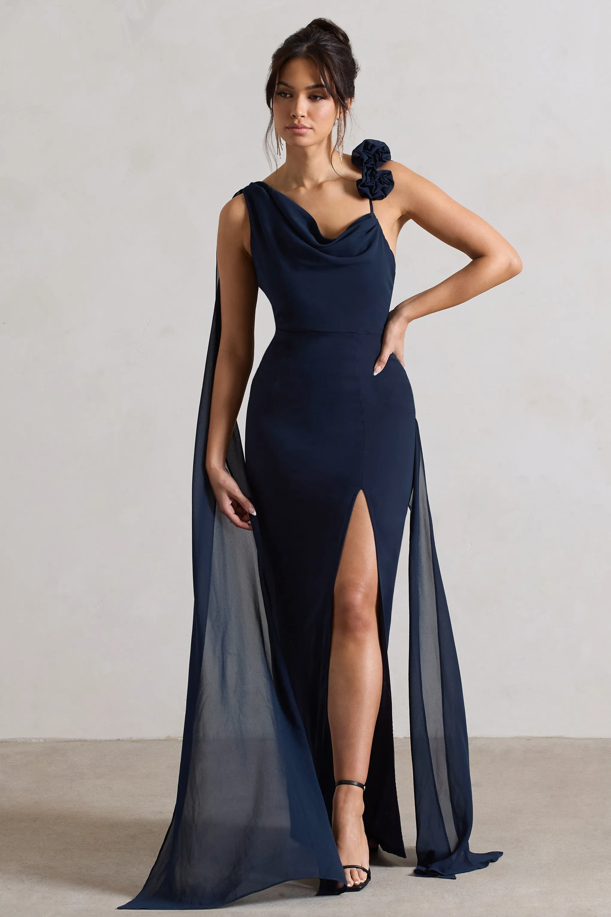 Angeline | Navy Chiffon Draped Split Maxi Dress With Corsages Club L London