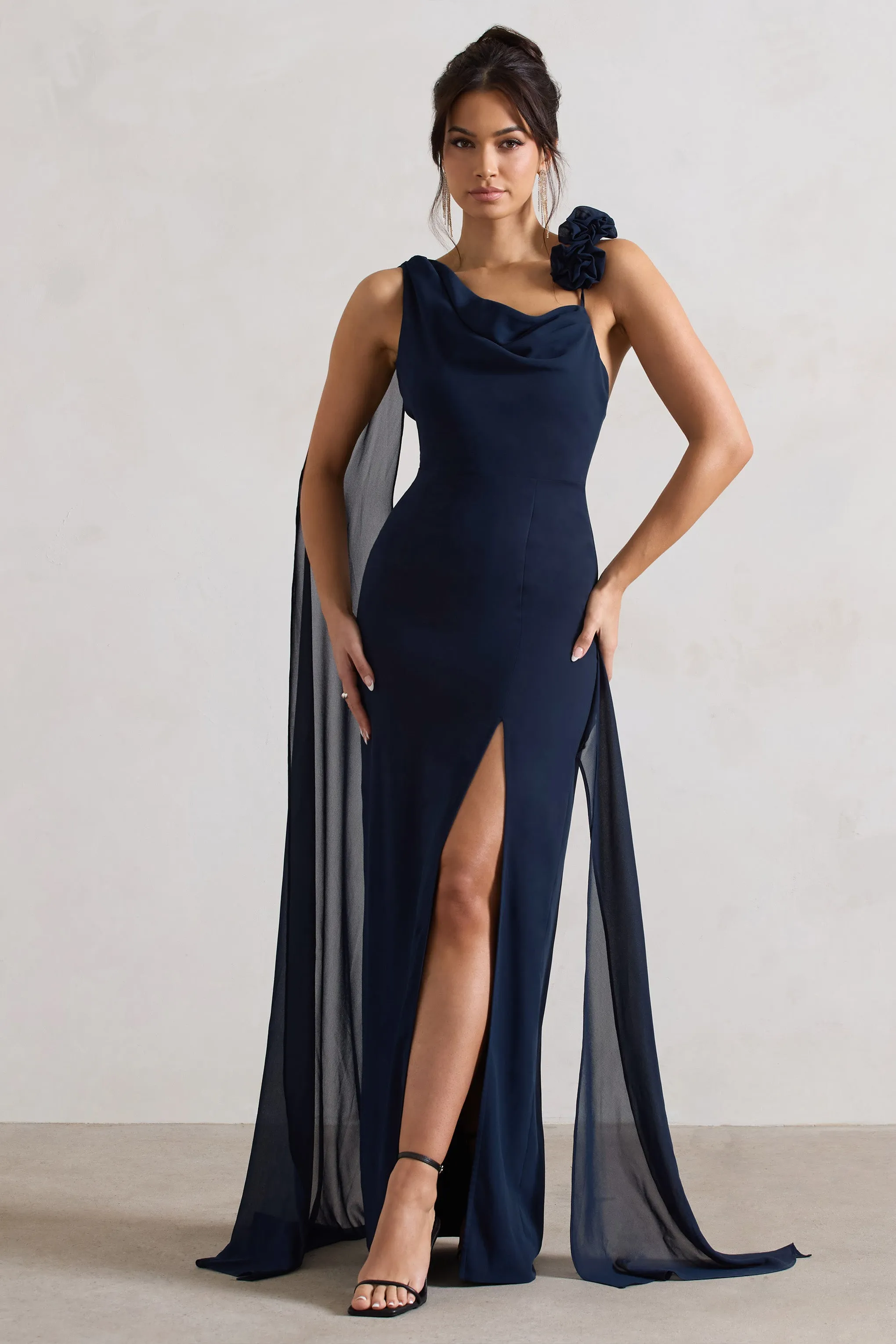 Angeline | Navy Chiffon Draped Split Maxi Dress With Corsages Club L London