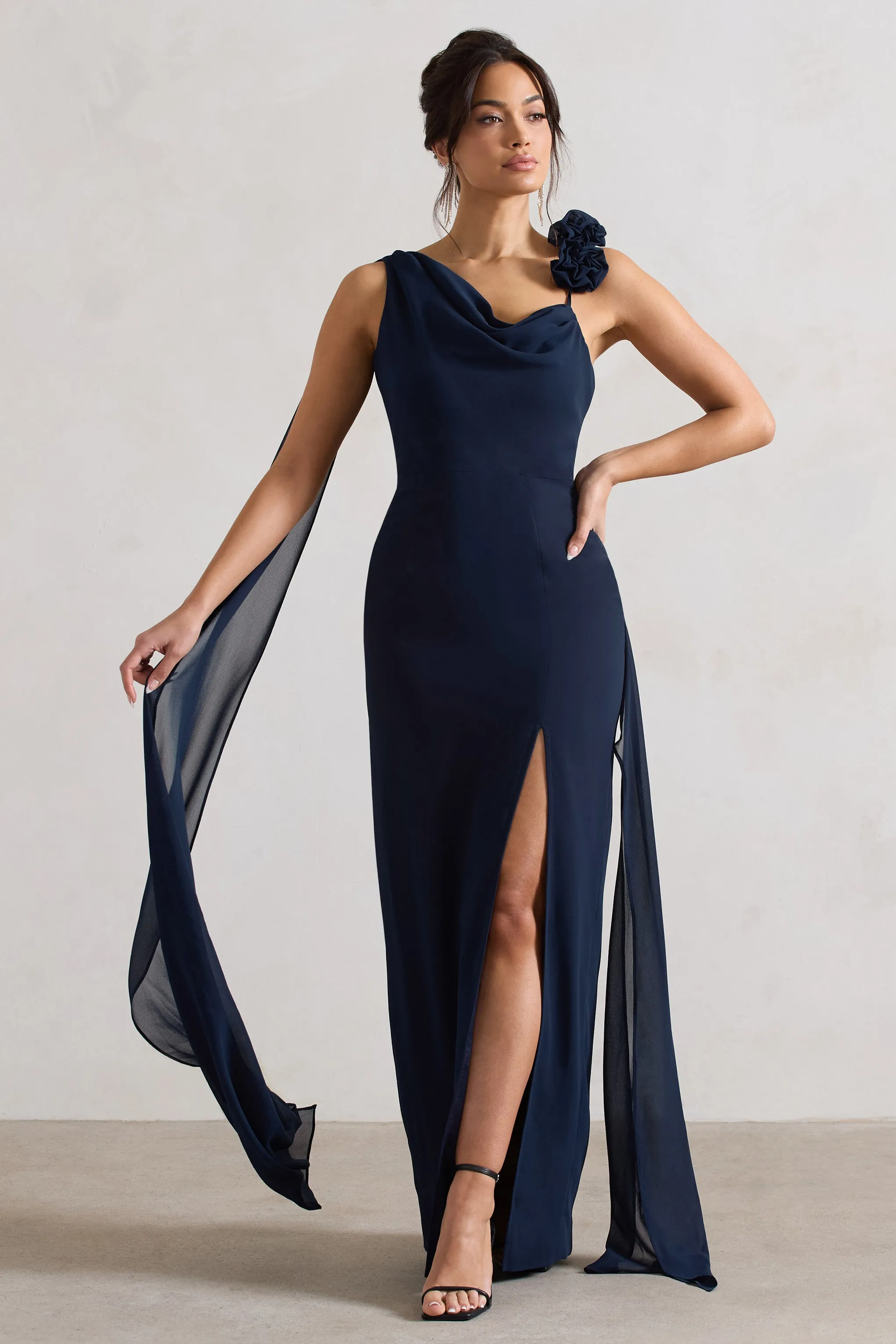 Angeline | Navy Chiffon Draped Split Maxi Dress With Corsages Club L London