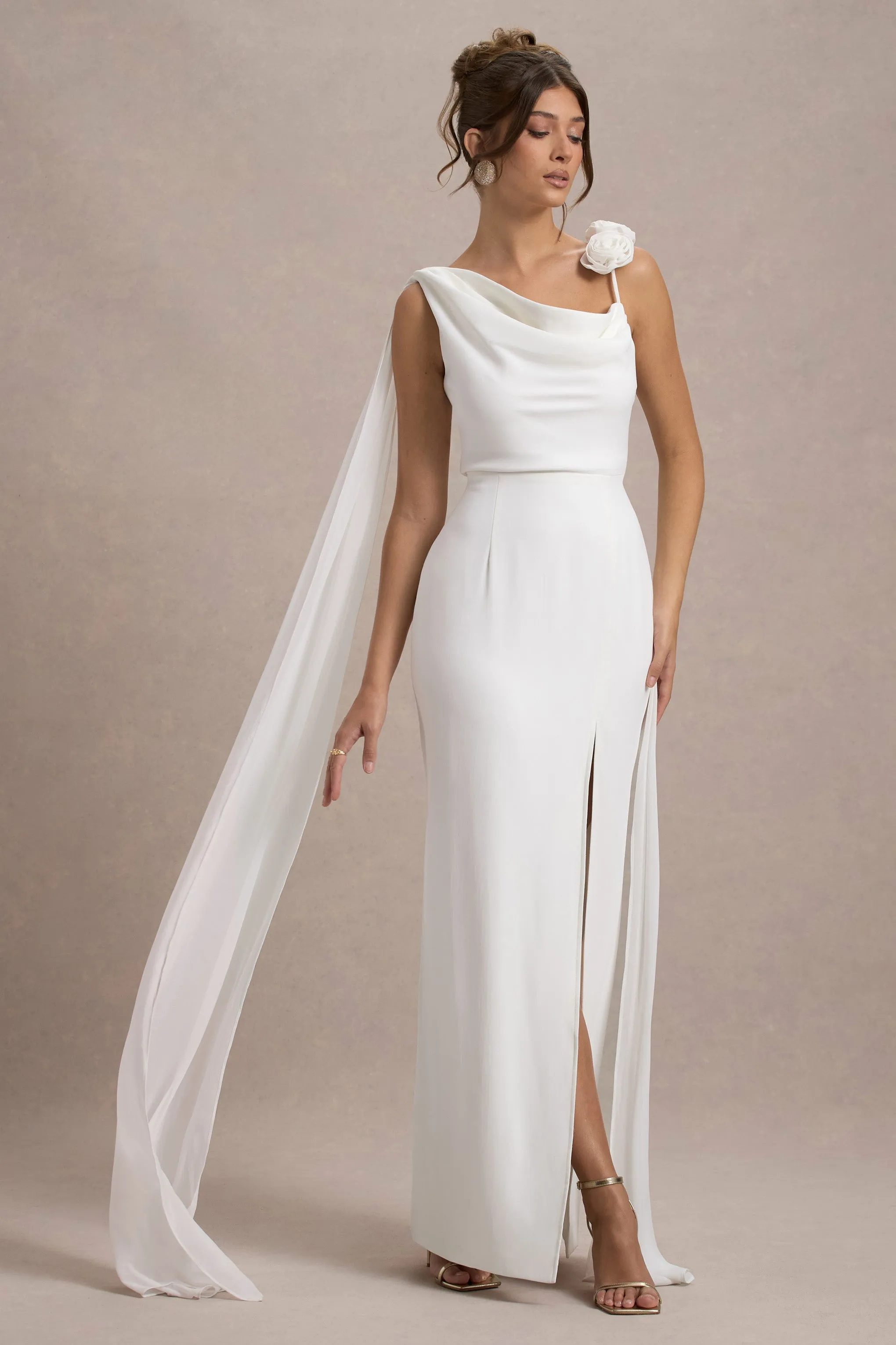 Angeline | White Chiffon Draped Split Maxi Dress With Corsages Club L London