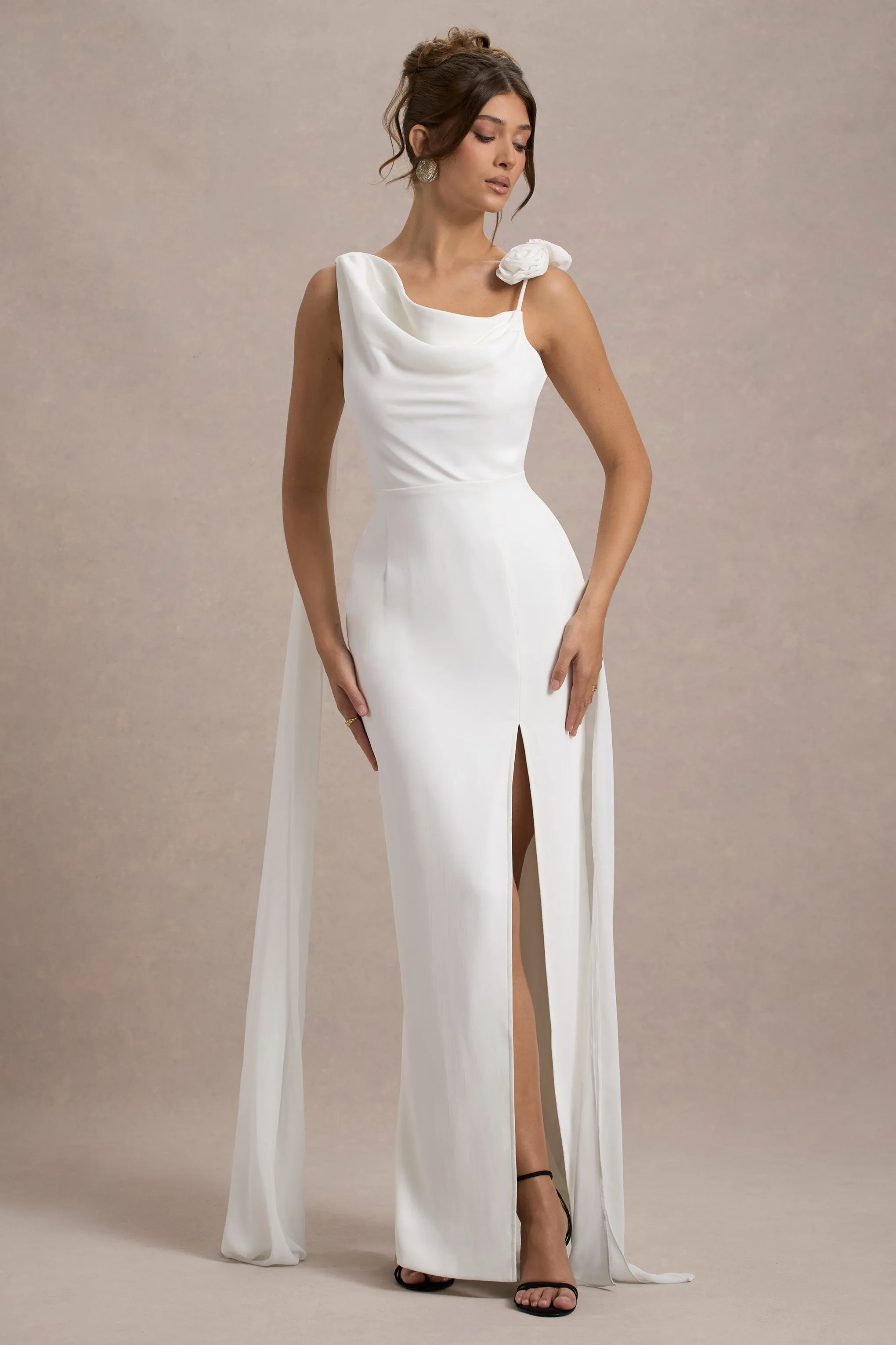 Angeline | White Chiffon Draped Split Maxi Dress With Corsages Club L London