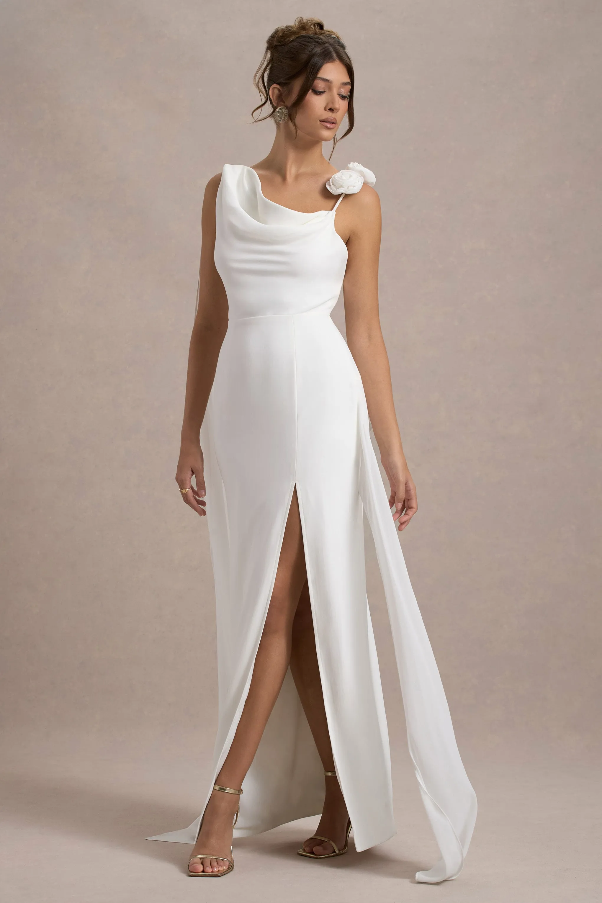Angeline | White Chiffon Draped Split Maxi Dress With Corsages Club L London
