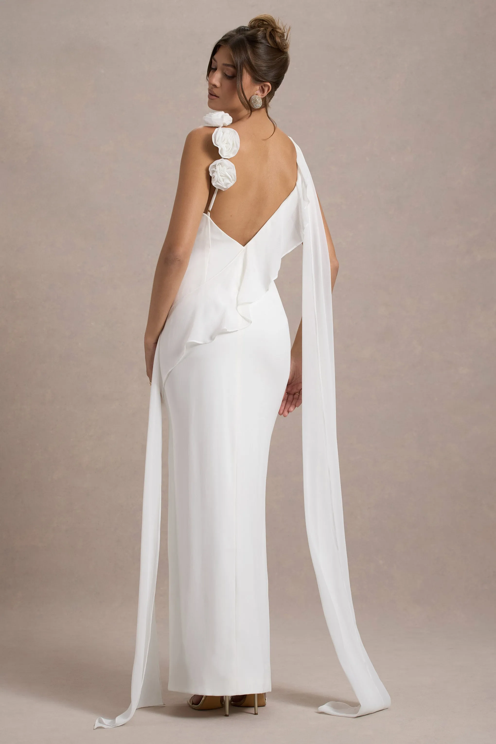 Angeline | White Chiffon Draped Split Maxi Dress With Corsages Club L London