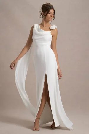 Angeline | White Chiffon Draped Split Maxi Dress With Corsages Club L London