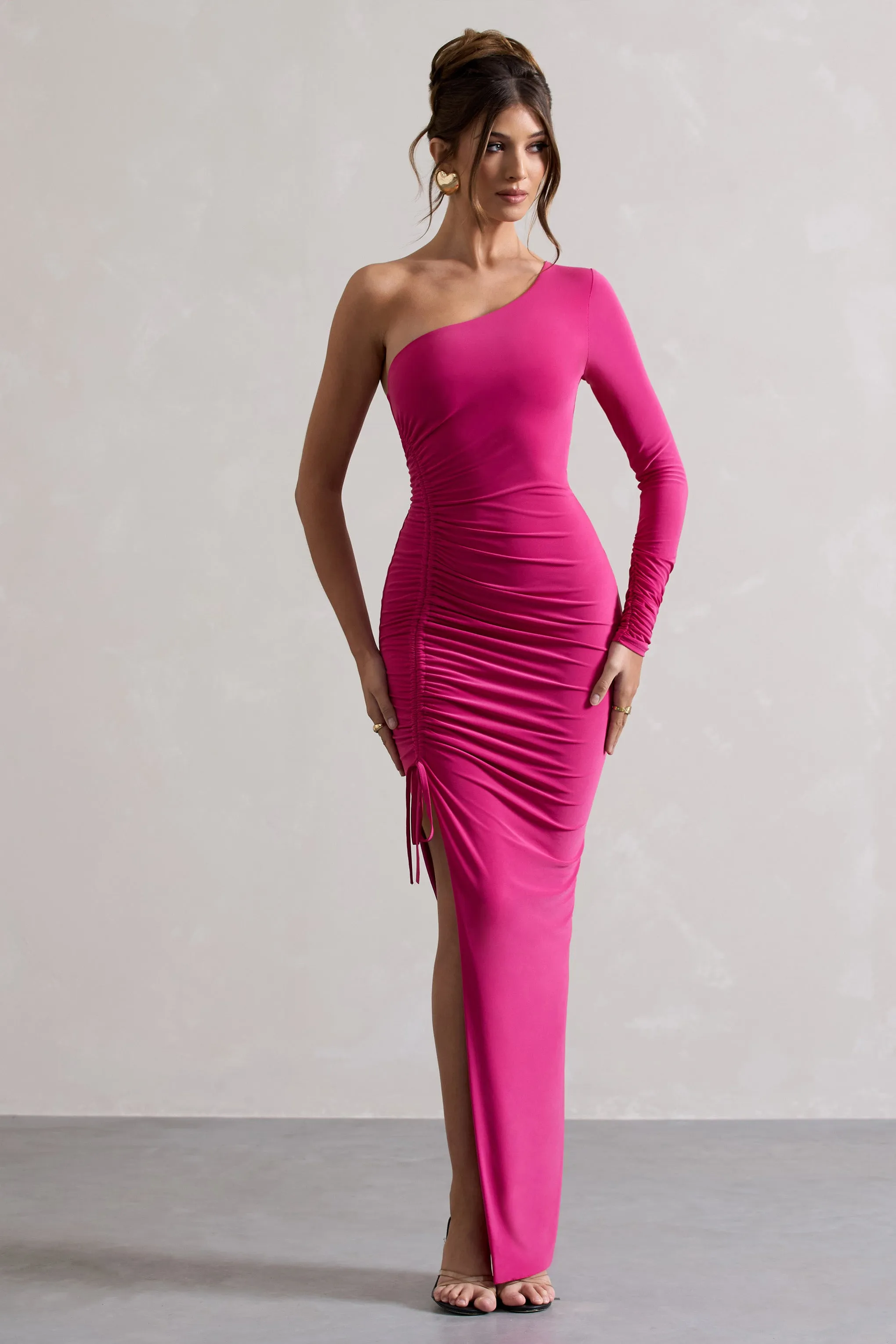 Anima | Dark Pink Asymmetric Ruched One-Sleeve Maxi Dress Club L London