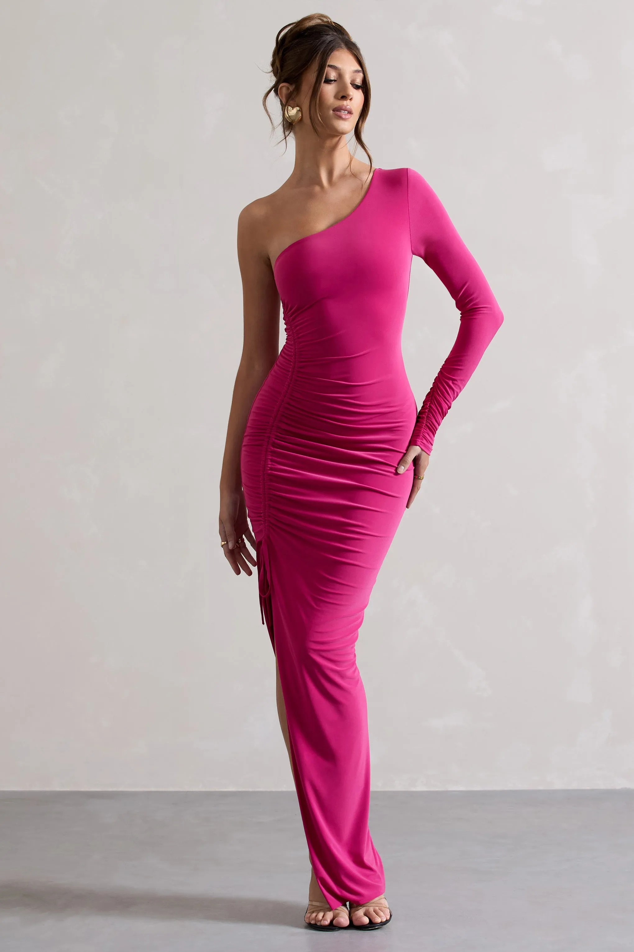 Anima | Dark Pink Asymmetric Ruched One-Sleeve Maxi Dress Club L London