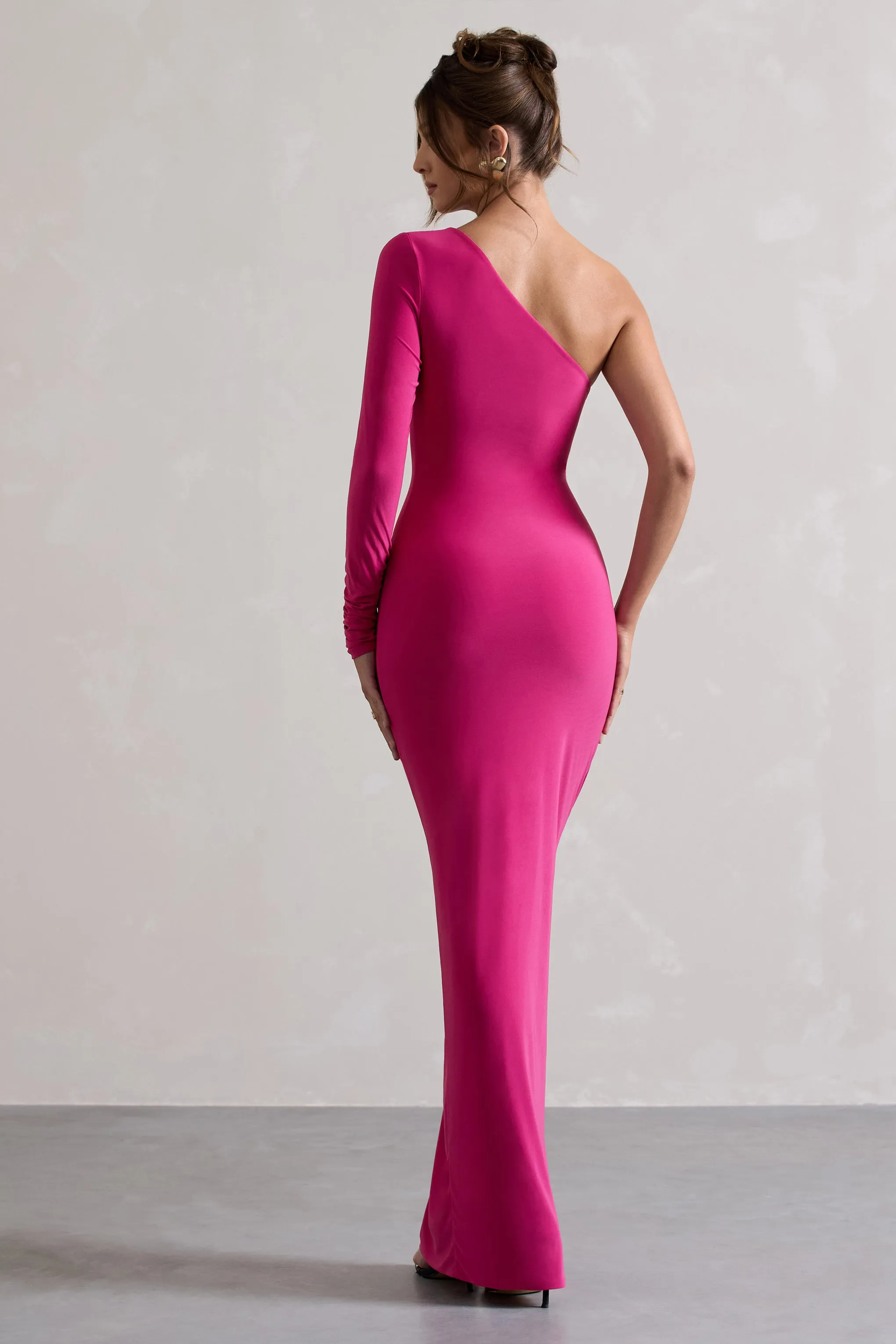 Anima | Dark Pink Asymmetric Ruched One-Sleeve Maxi Dress Club L London