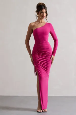Anima | Dark Pink Asymmetric Ruched One-Sleeve Maxi Dress Club L London