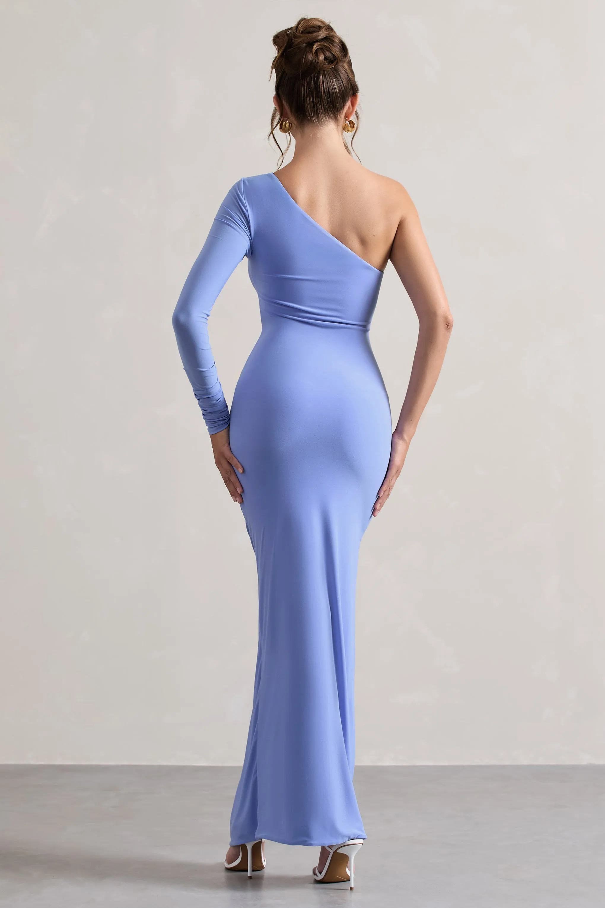 Anima | Pale Blue Asymmetric Ruched One-Sleeve Maxi Dress Club L London