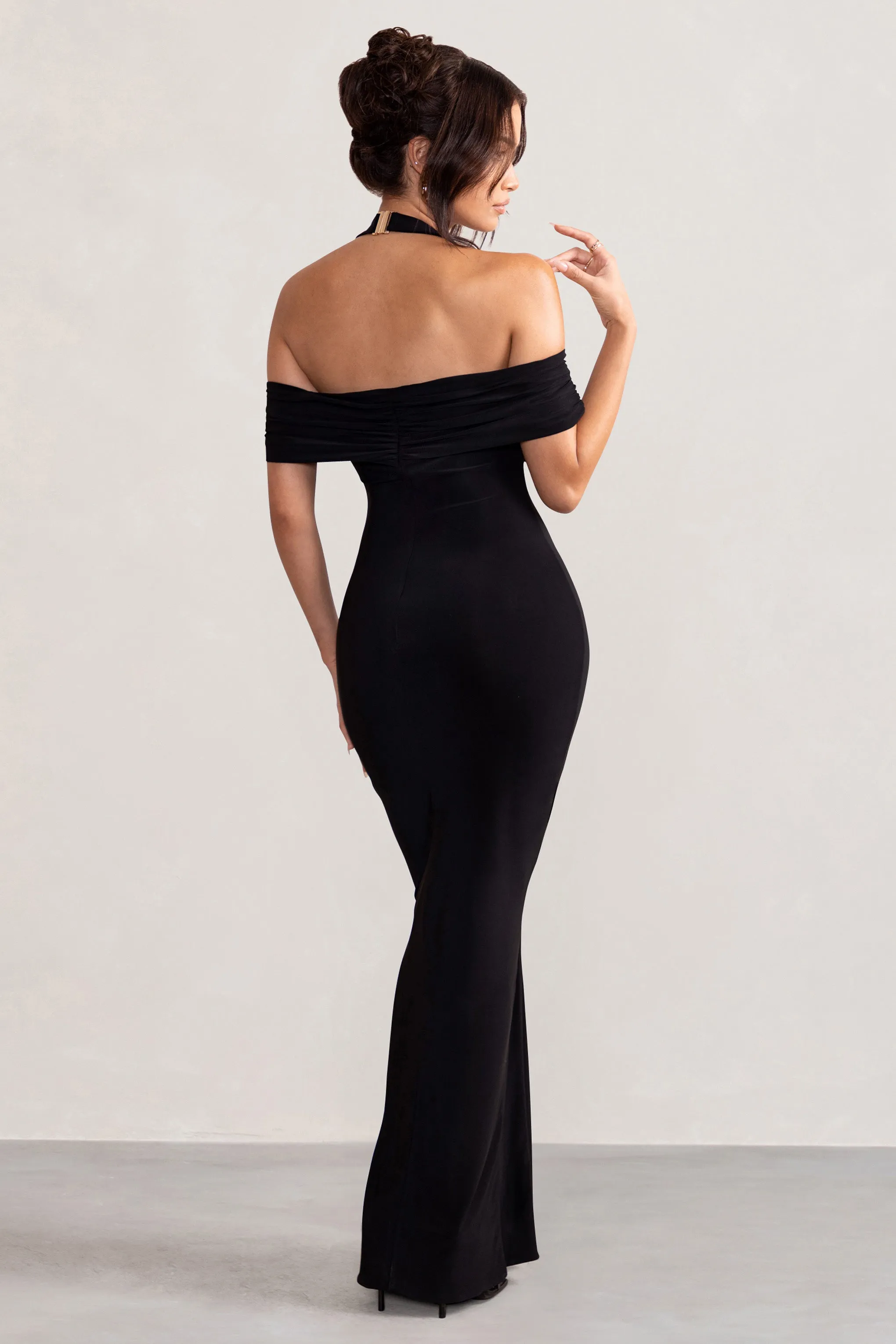Anisa | Black Halter Neck Bardot Maxi Dress With Thigh Split Club L London