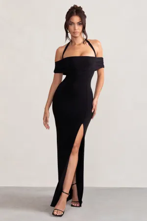 Anisa | Black Halter Neck Bardot Maxi Dress With Thigh Split Club L London