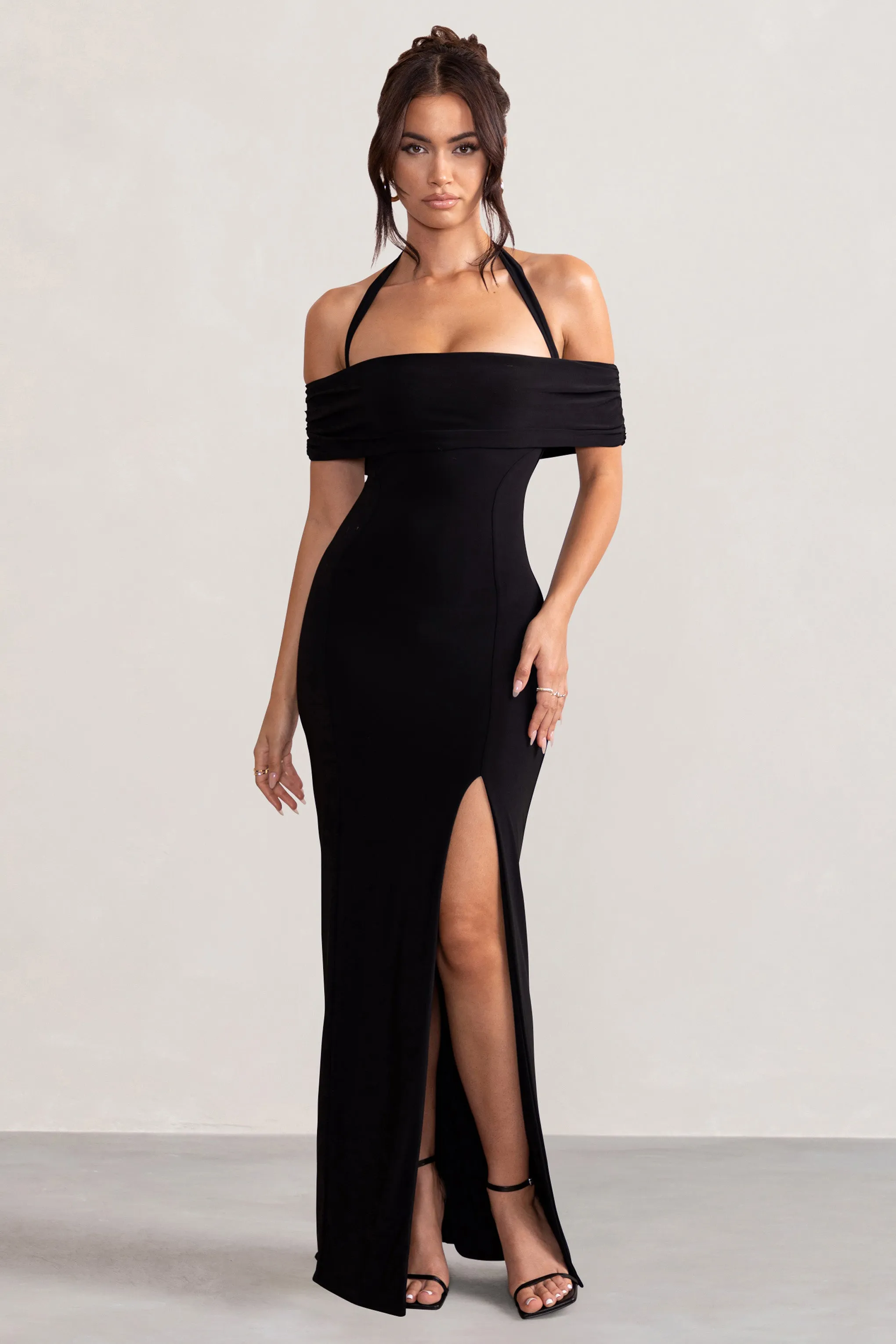 Anisa | Black Halter Neck Bardot Maxi Dress With Thigh Split Club L London