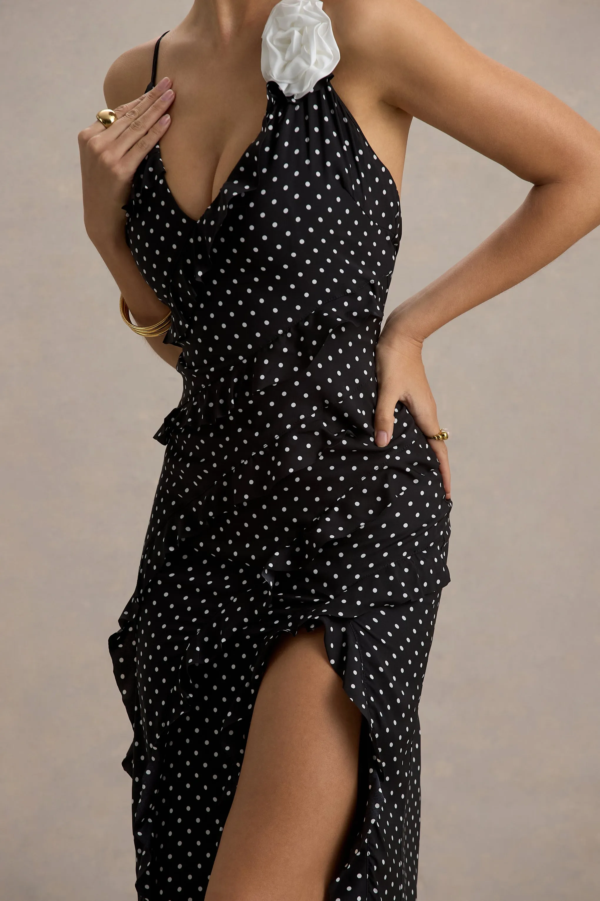 Annabelle | Black Polka Dot Ruffled Maxi Dress With Corsage Club L London