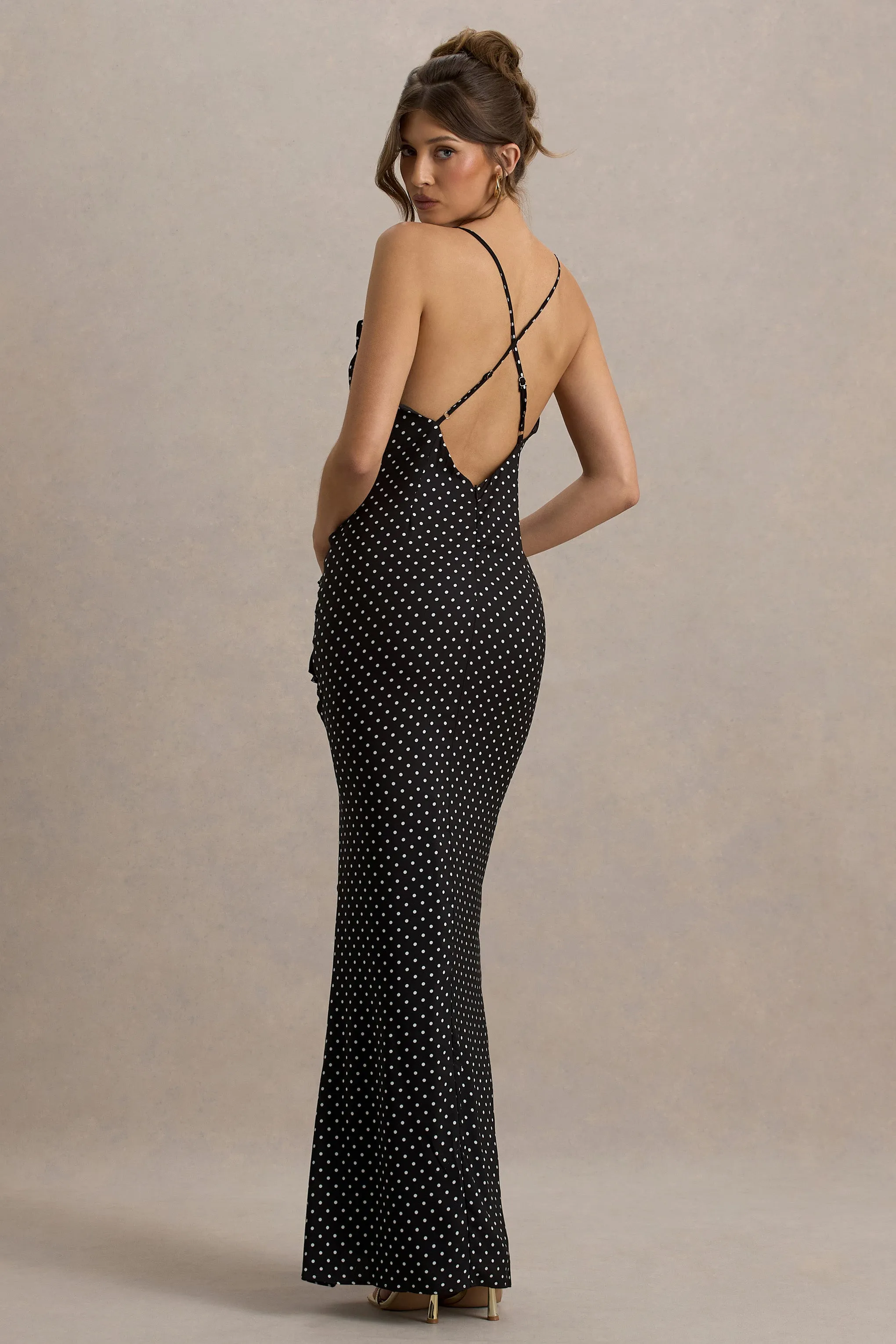 Annabelle | Black Polka Dot Ruffled Maxi Dress With Corsage Club L London