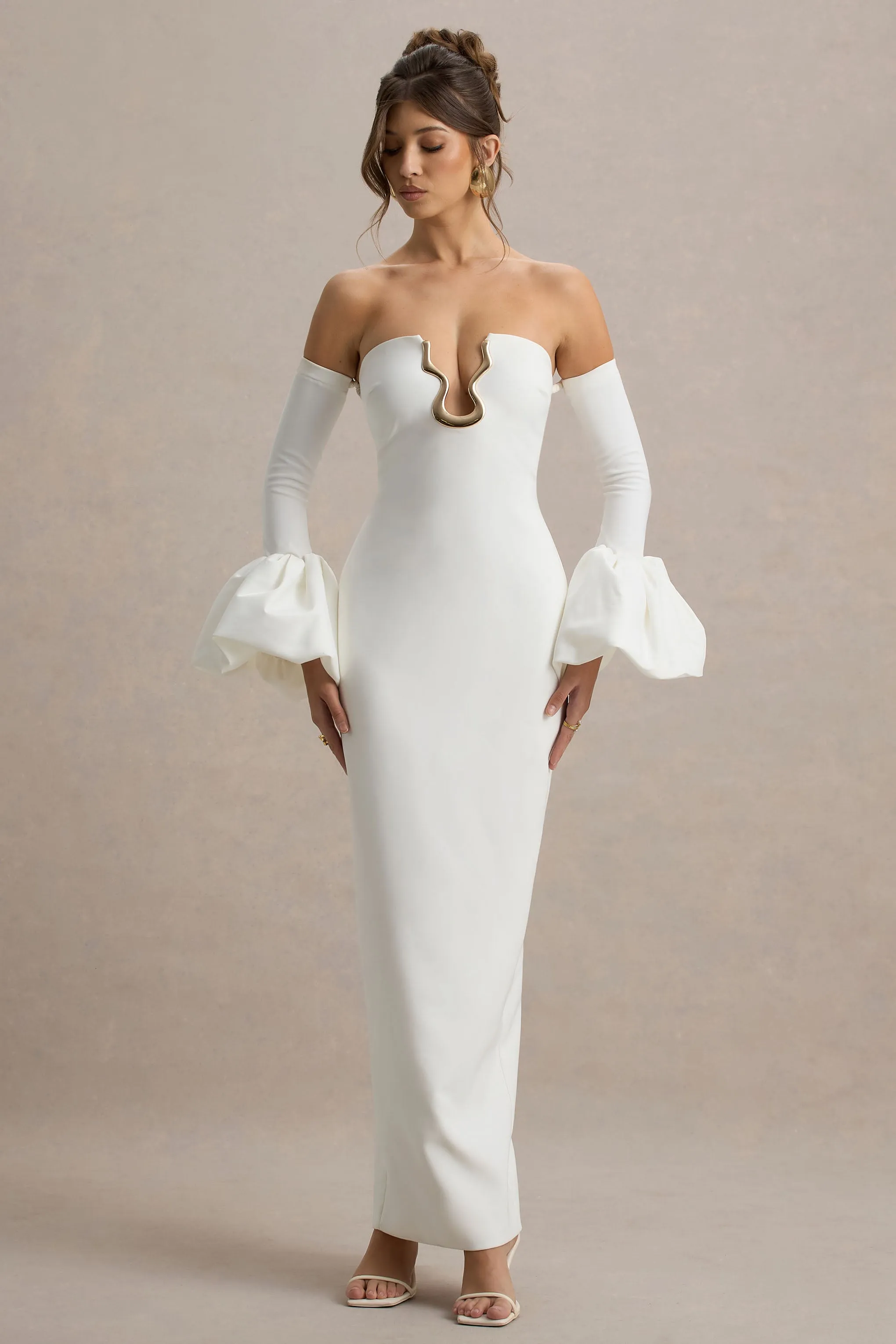 Annalisa | Cream Bandeau Maxi Dress With Satin Cuffs Club L London