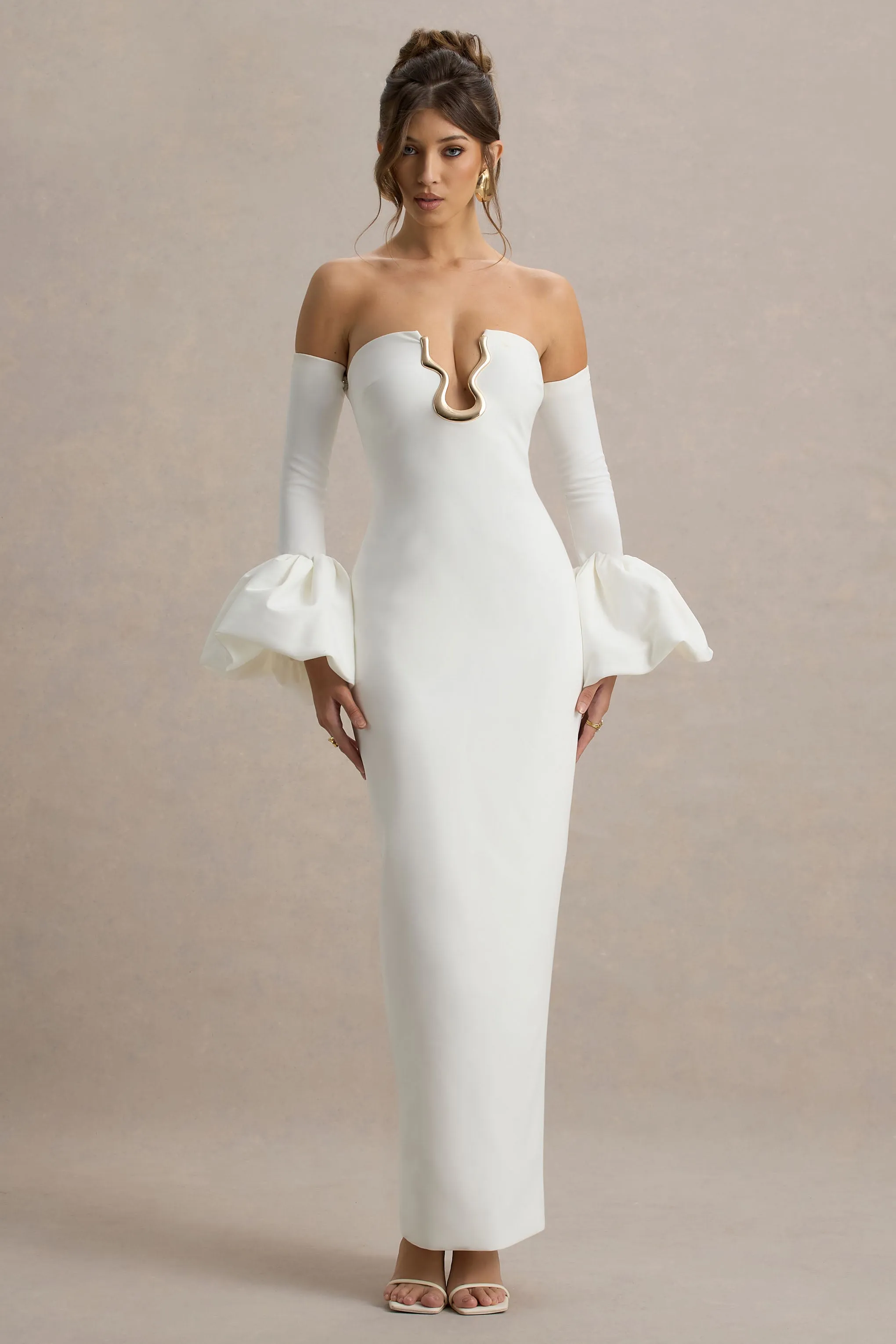 Annalisa | Cream Bandeau Maxi Dress With Satin Cuffs Club L London