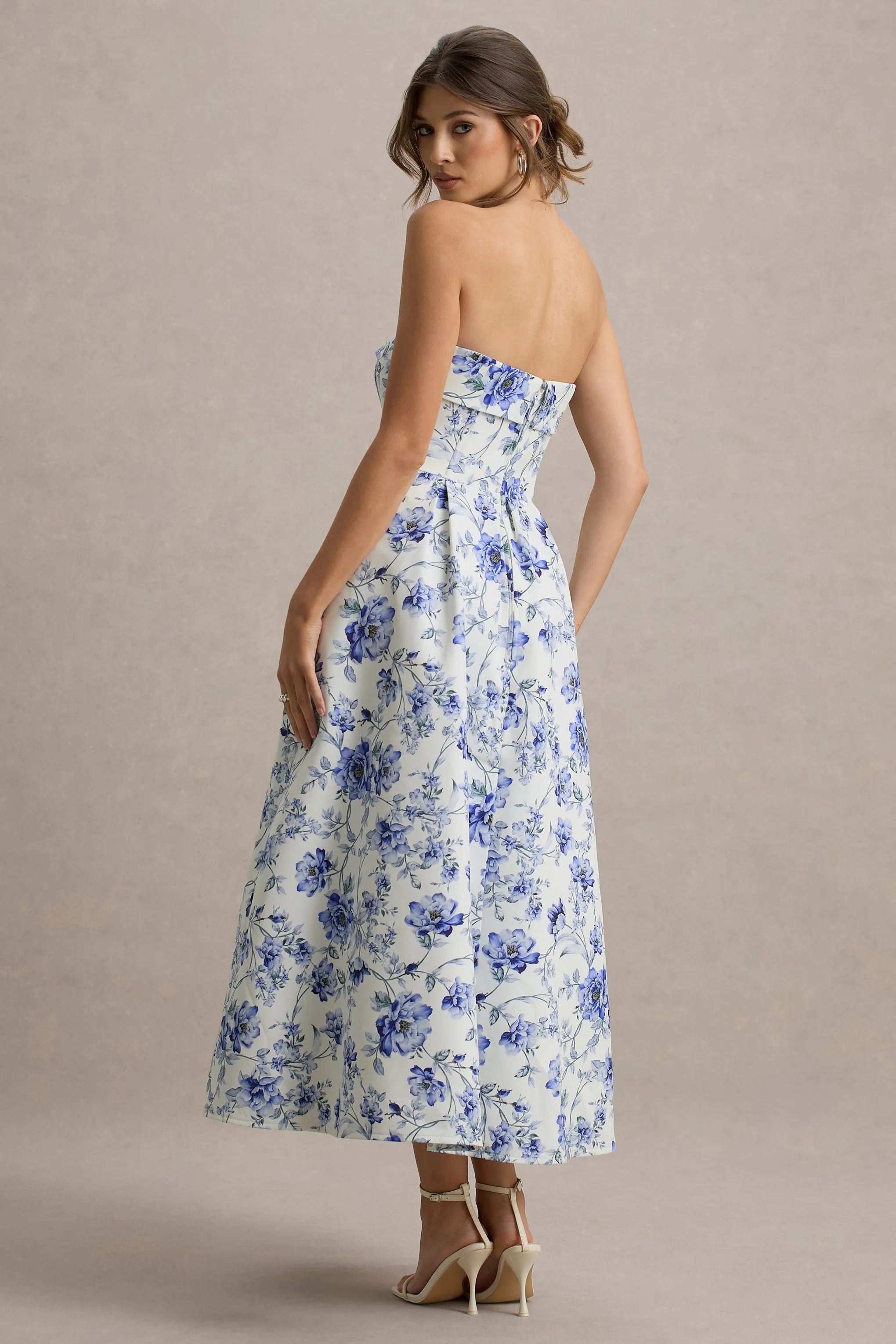 Annalise | Blue Floral Print Bandeau Skater Midi Dress Club L London