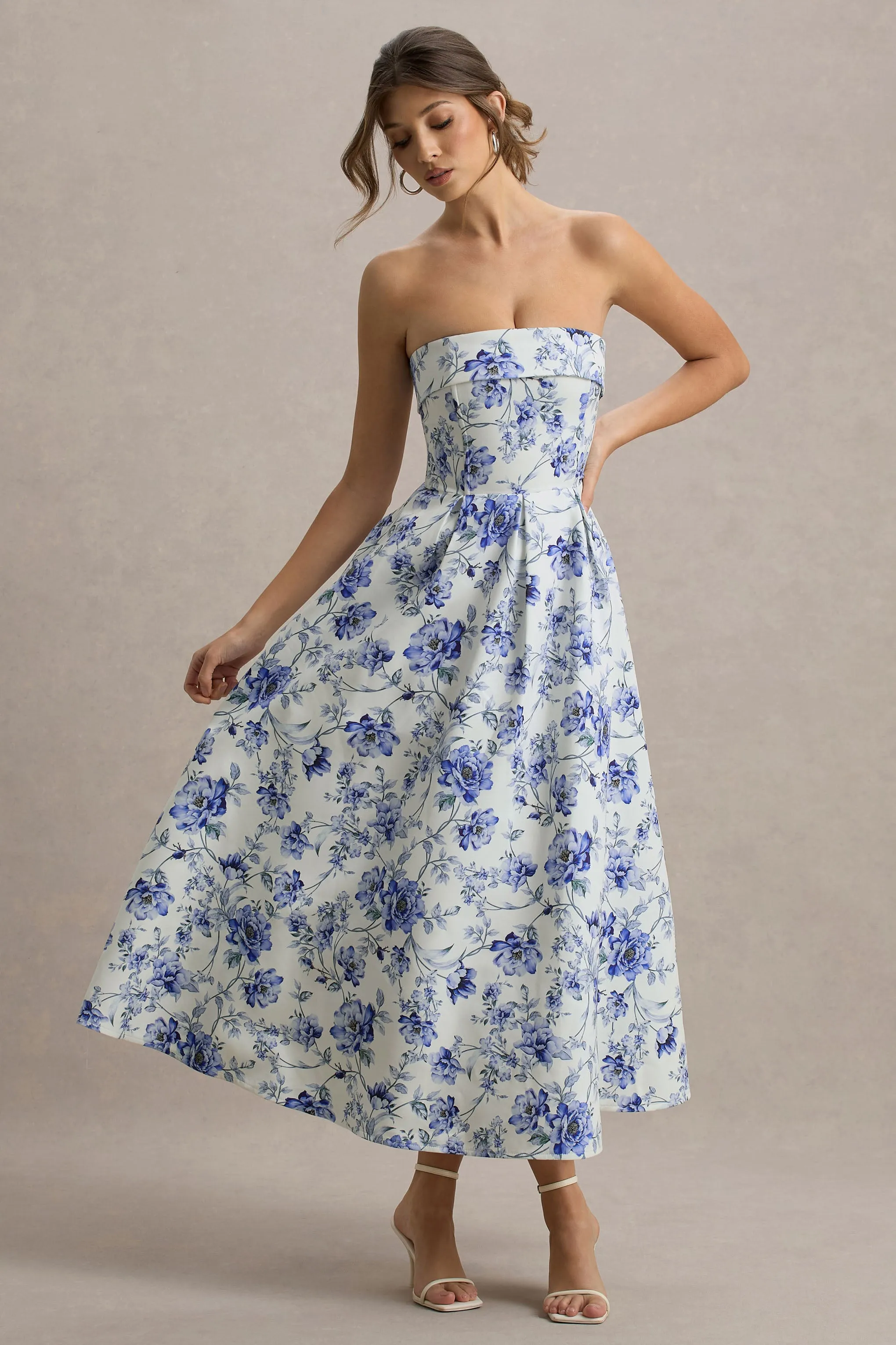Annalise | Blue Floral Print Bandeau Skater Midi Dress Club L London