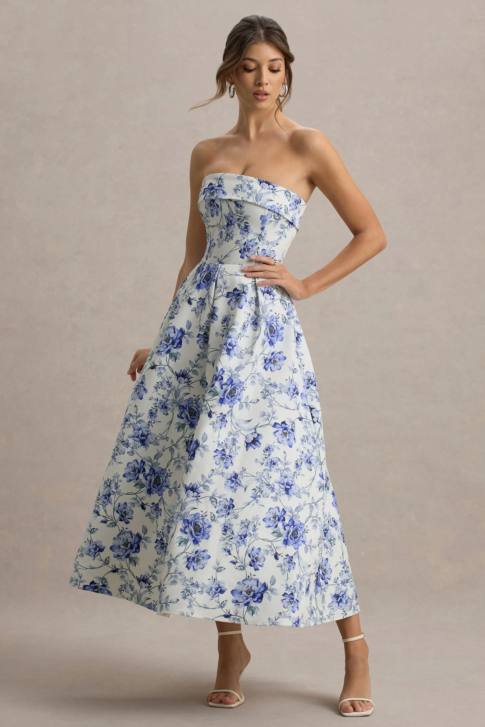 Annalise | Blue Floral Print Bandeau Skater Midi Dress Club L London