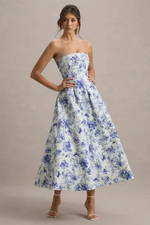 Annalise | Blue Floral Print Bandeau Skater Midi Dress Club L London
