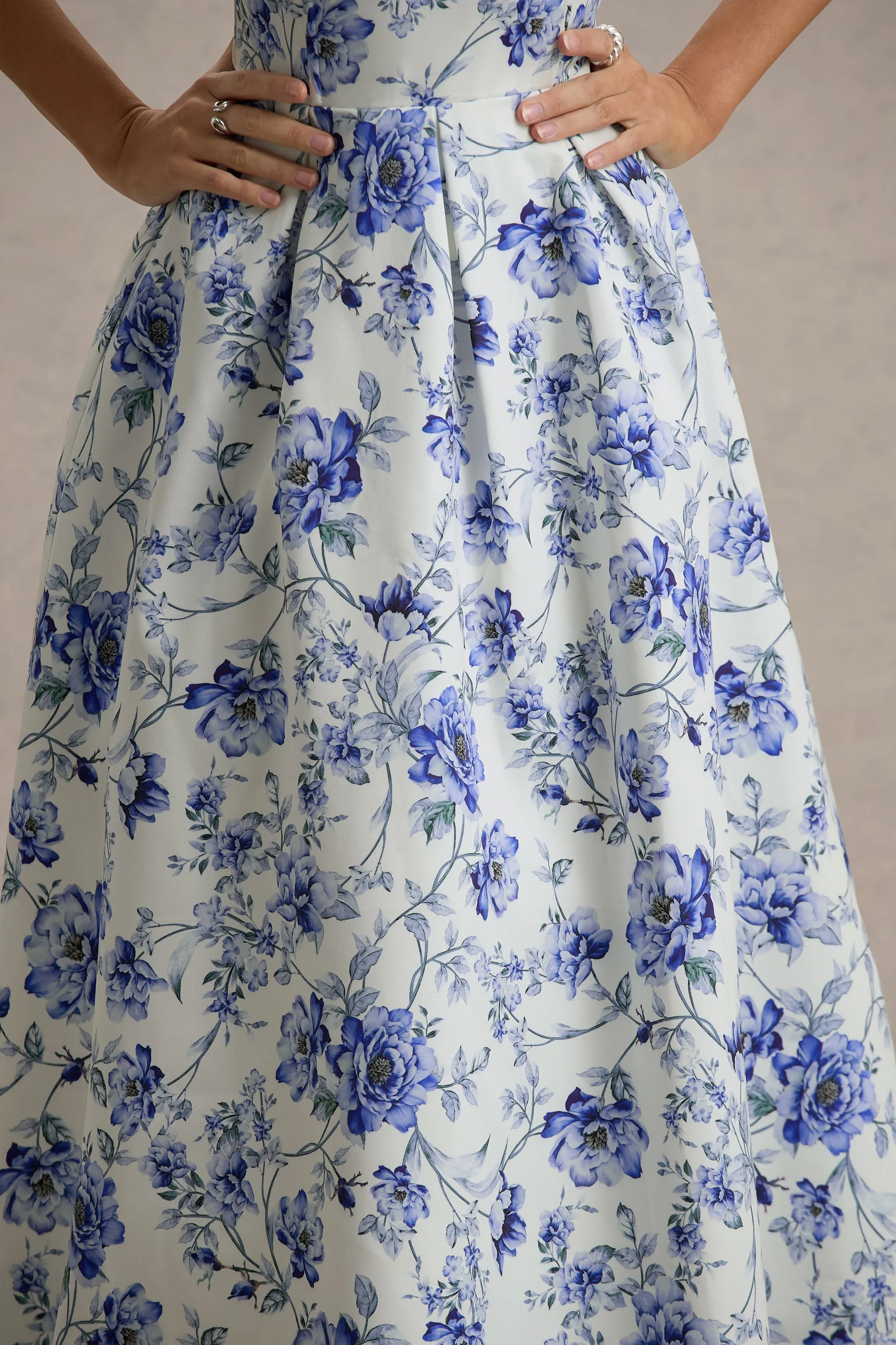 Annalise | Blue Floral Print Bandeau Skater Midi Dress Club L London