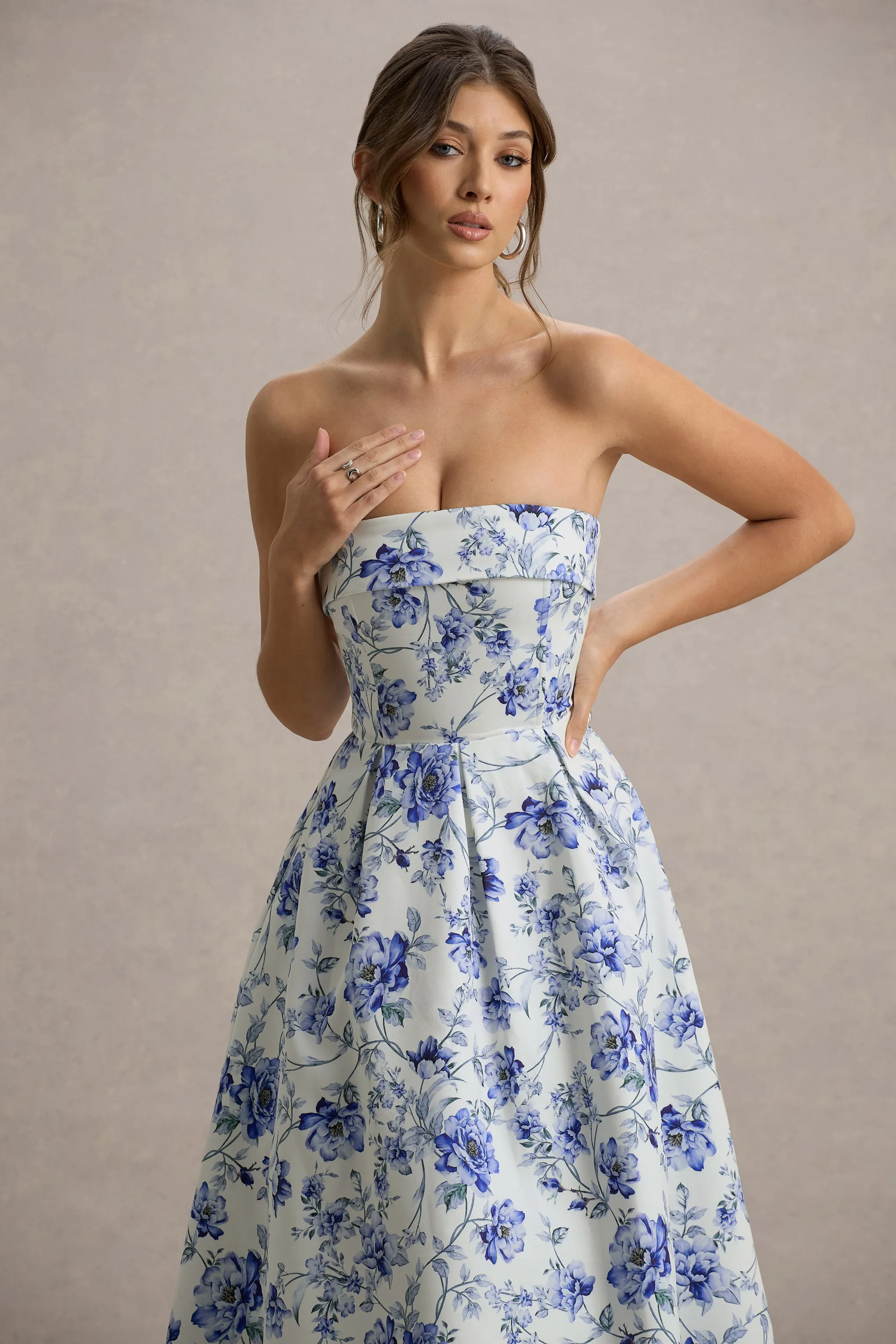 Annalise | Blue Floral Print Bandeau Skater Midi Dress Club L London