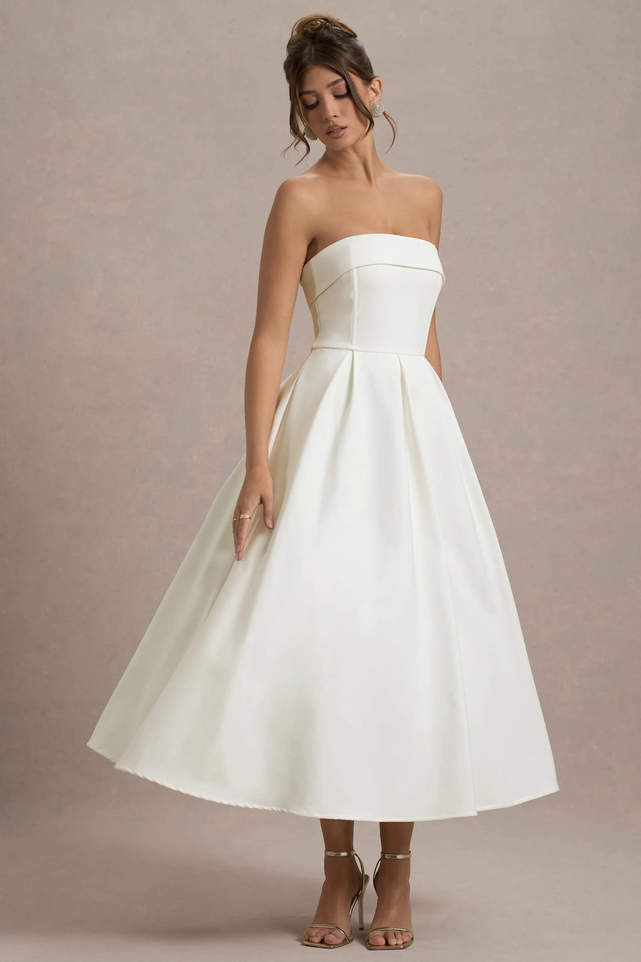 Annalise | Ecru Bandeau Skater Midi Dress Club L London