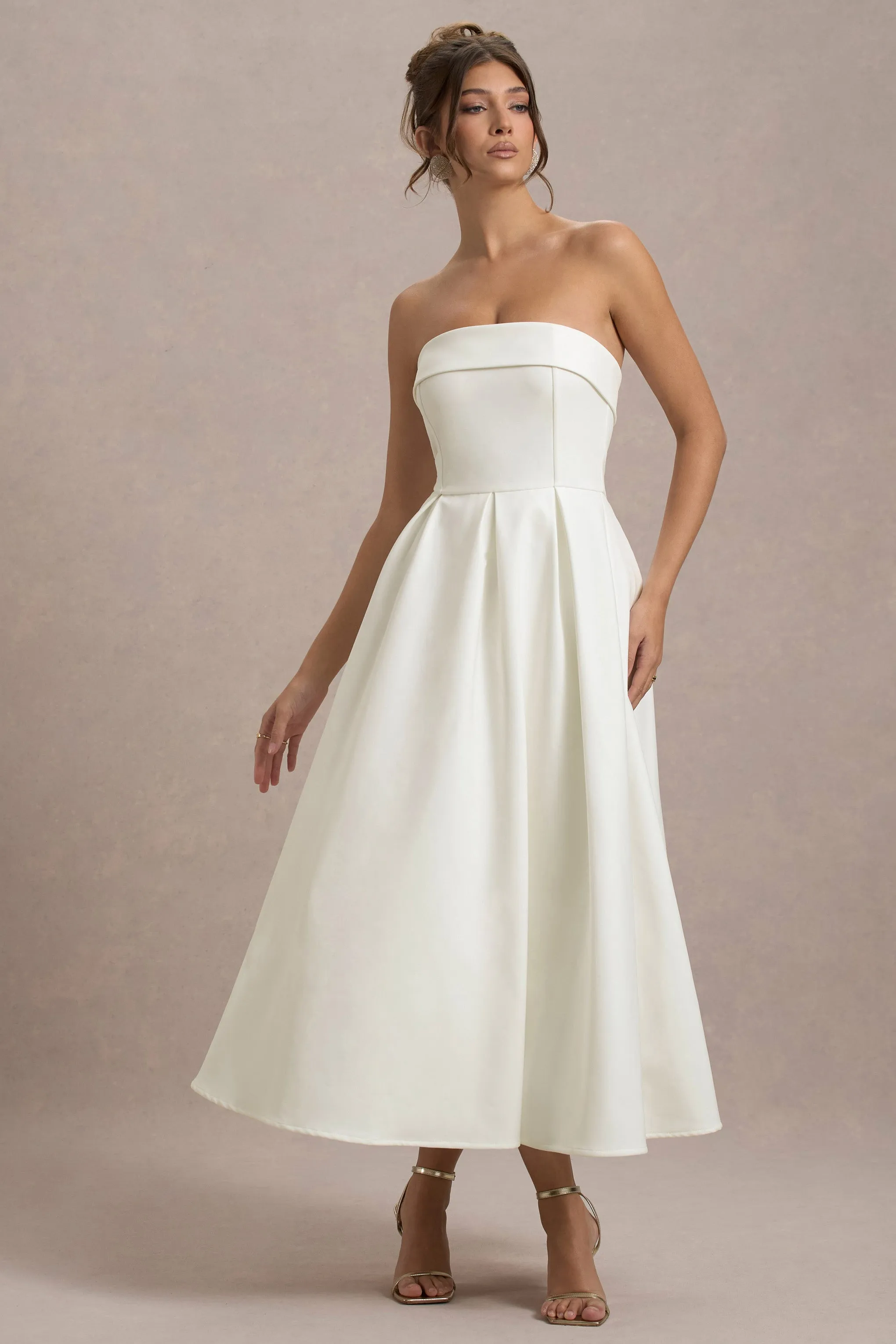 Annalise | Ecru Bandeau Skater Midi Dress Club L London