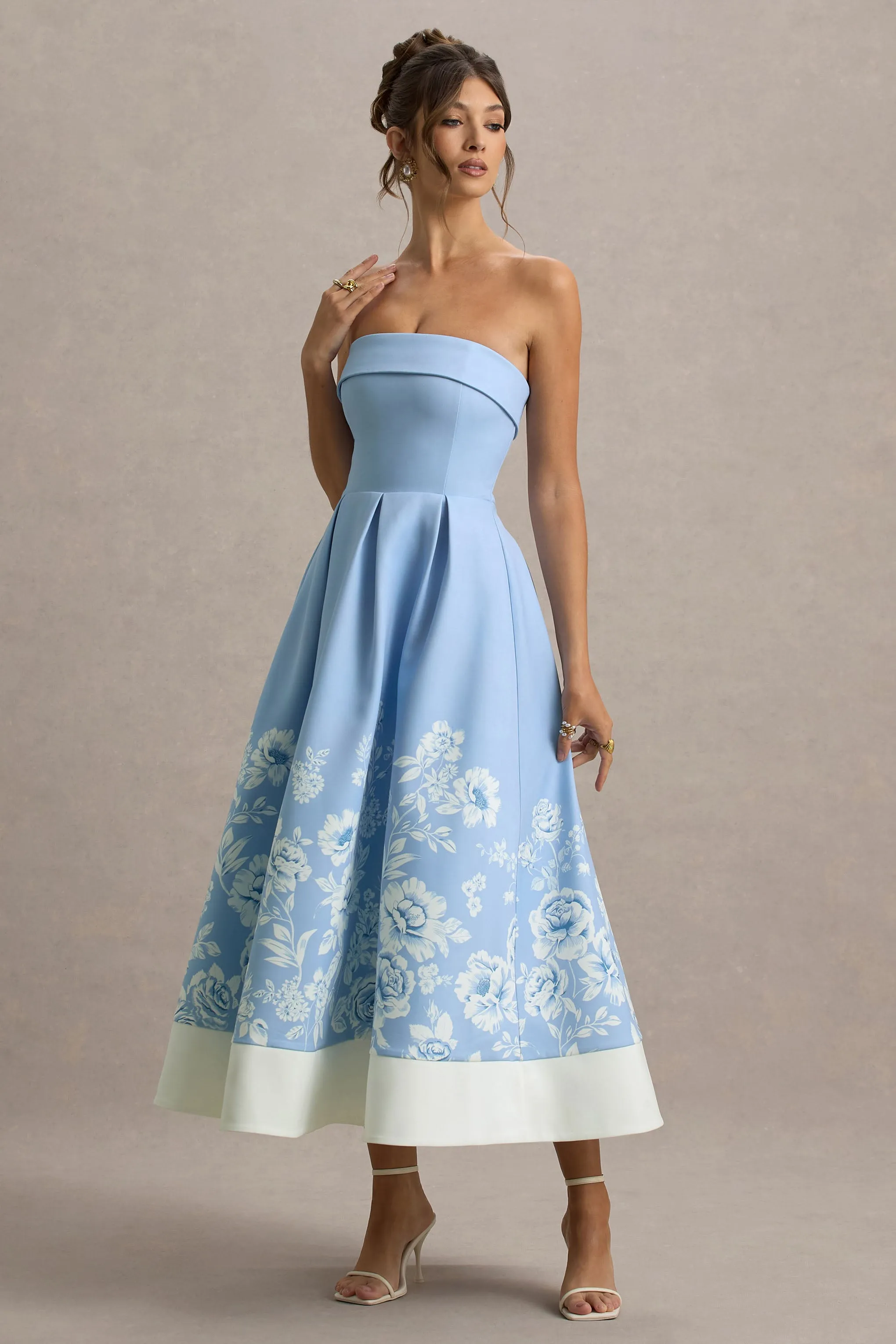 Annalise | Light Blue Floral Print Bandeau Skater Midi Dress Club L London