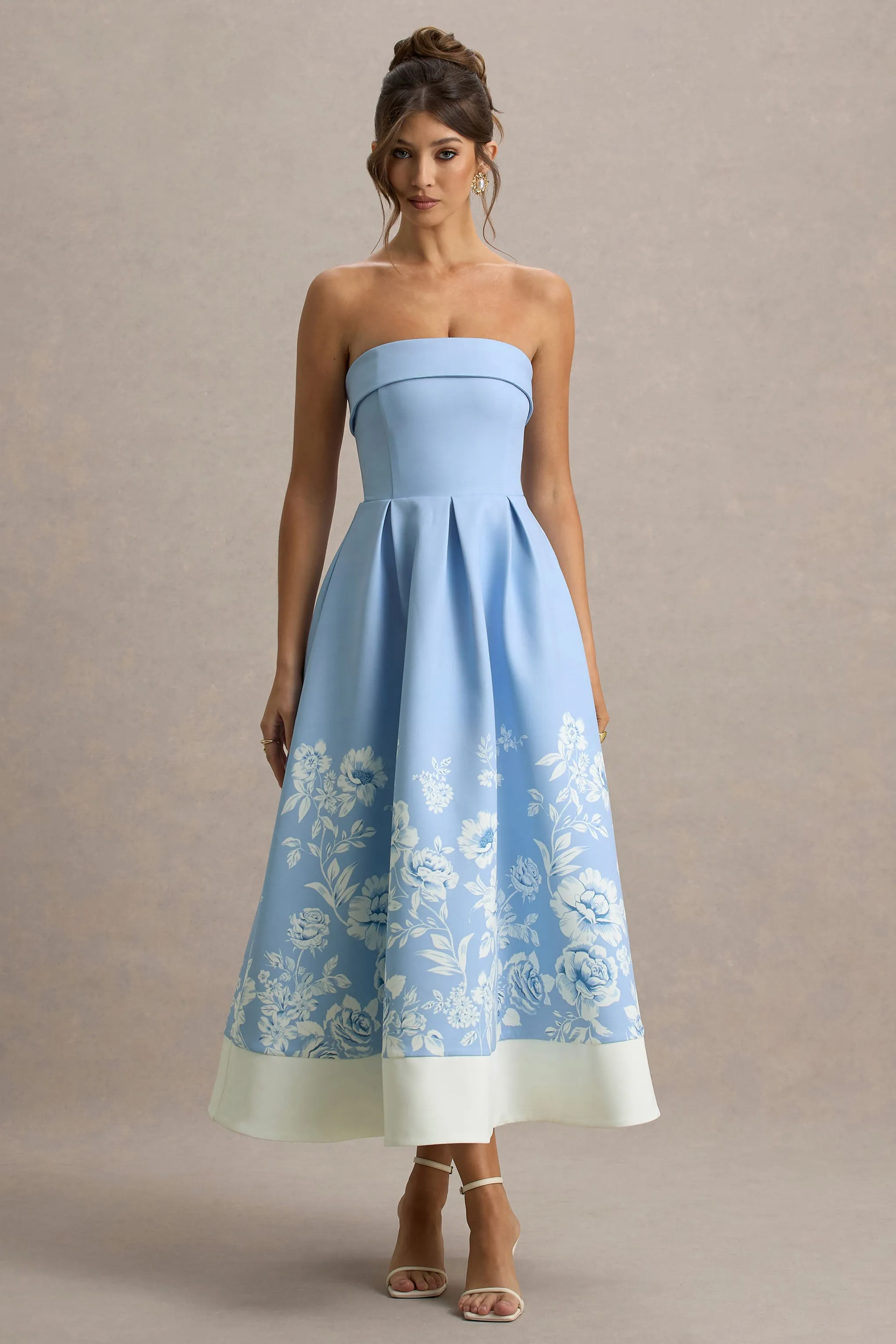 Annalise | Light Blue Floral Print Bandeau Skater Midi Dress Club L London