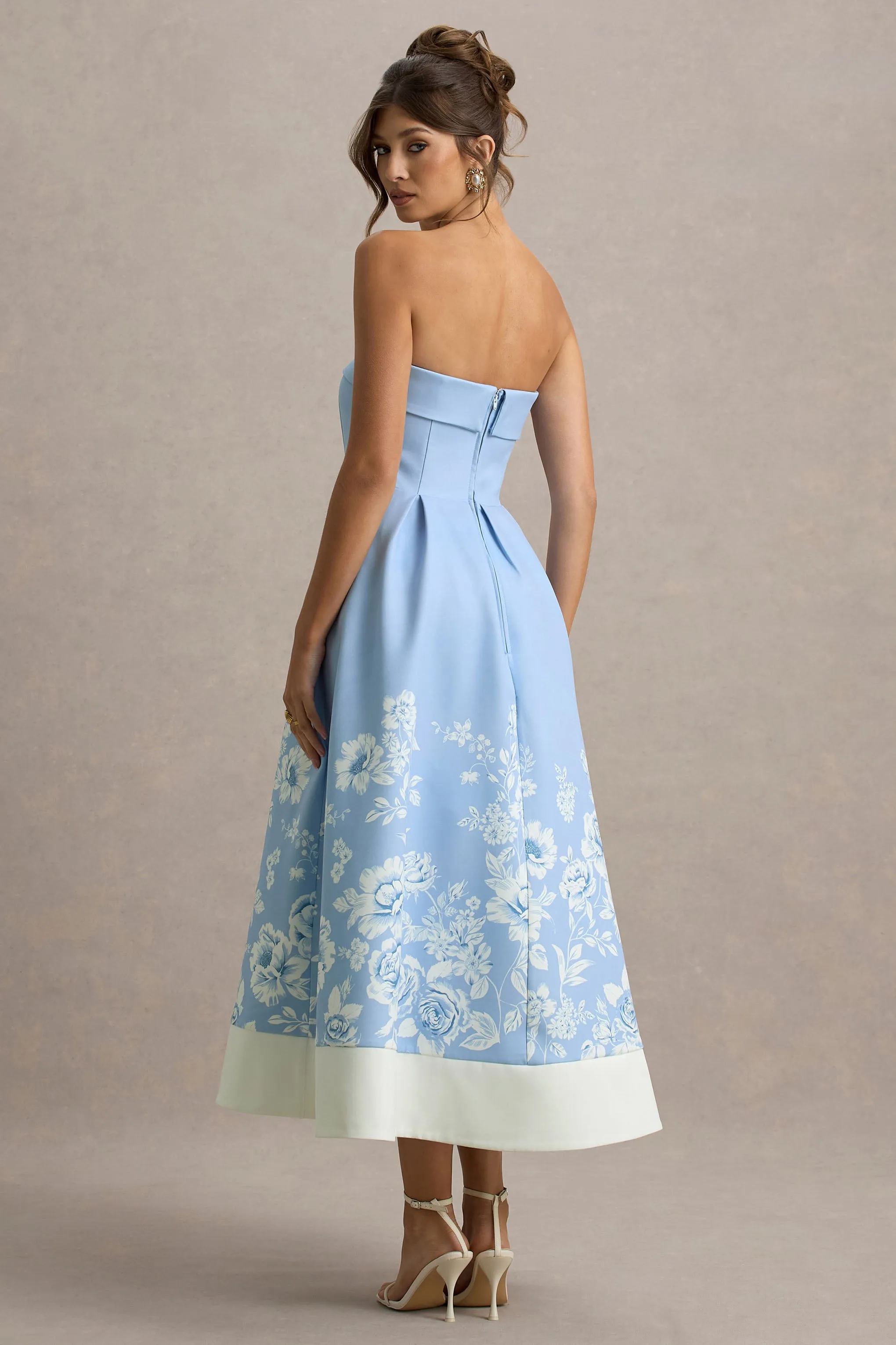 Annalise | Light Blue Floral Print Bandeau Skater Midi Dress Club L London