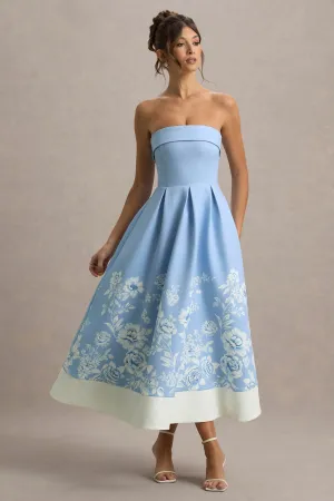 Annalise | Light Blue Floral Print Bandeau Skater Midi Dress Club L London