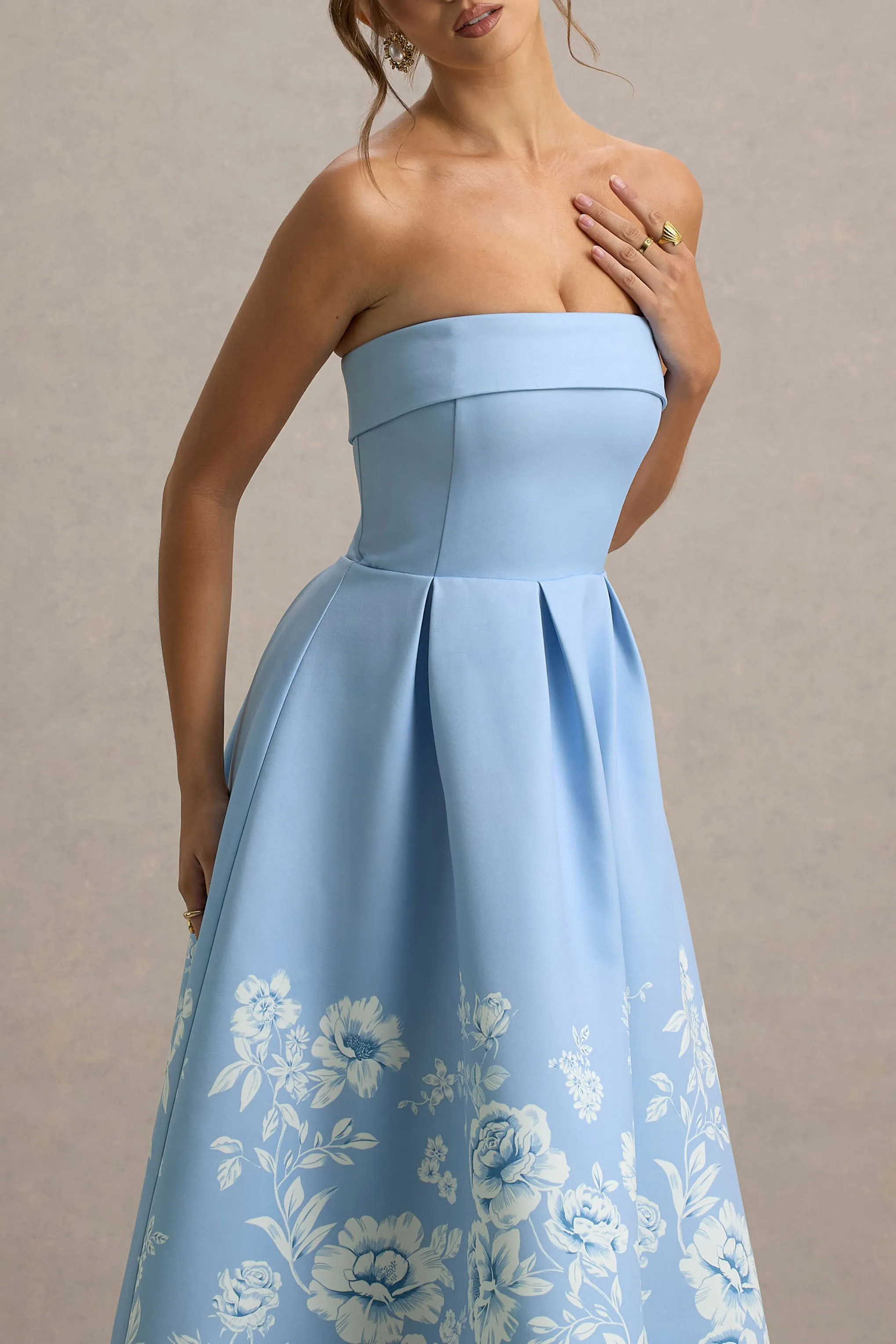 Annalise | Light Blue Floral Print Bandeau Skater Midi Dress Club L London