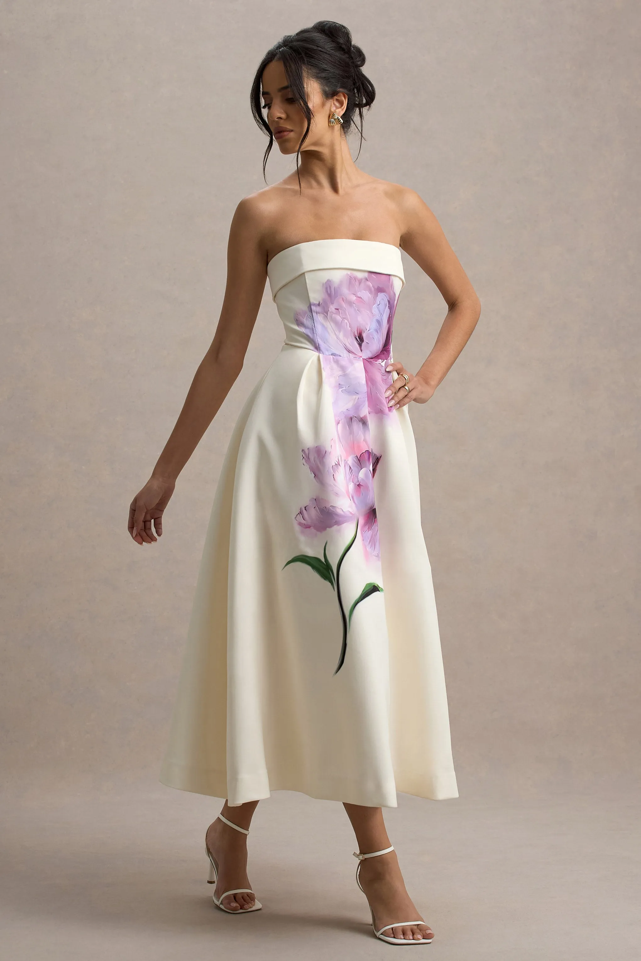 Annalise | Peony Floral Print Bandeau Skater Midi Dress Club L London