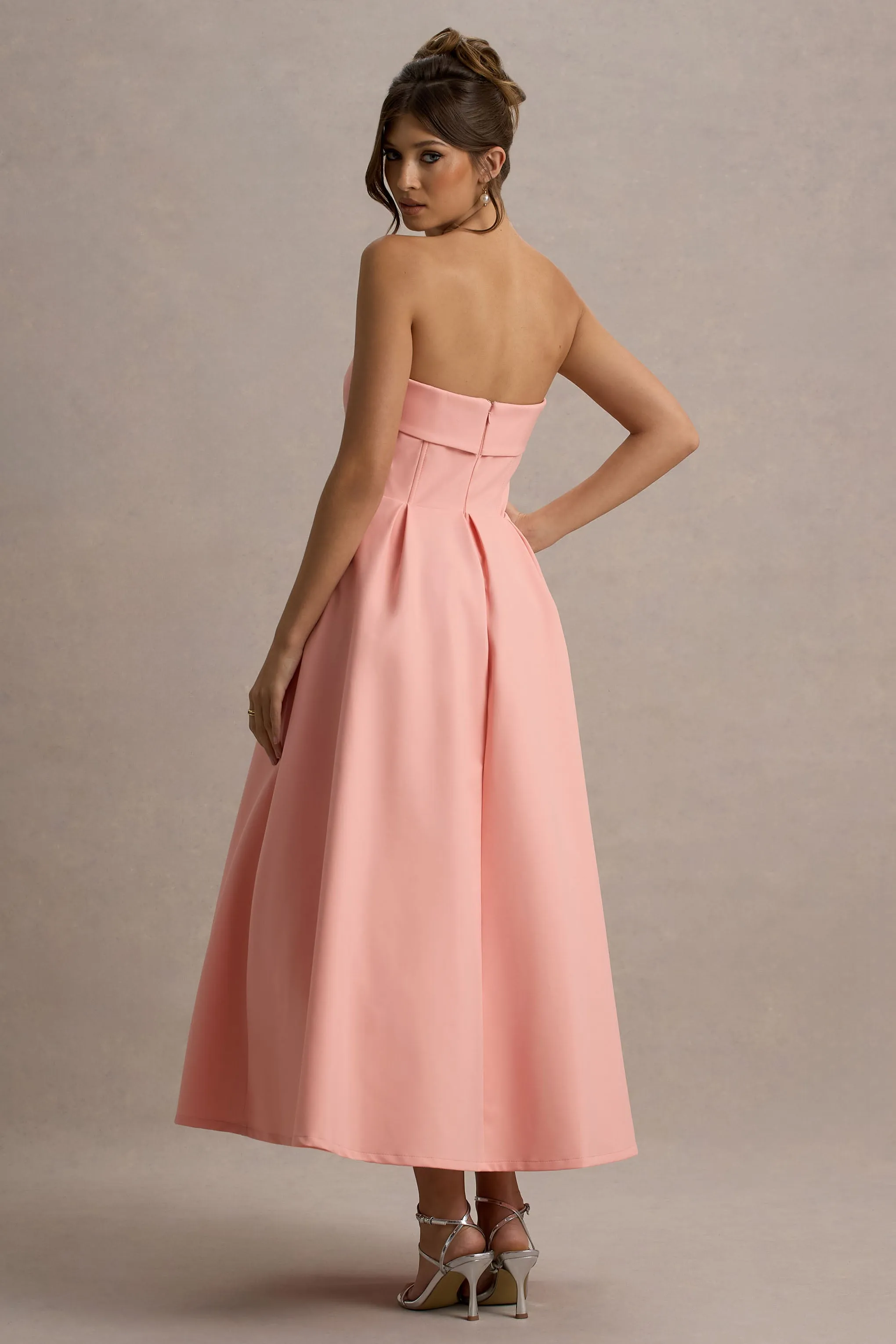 Annalise | Pink Bandeau Skater Midi Dress Club L London