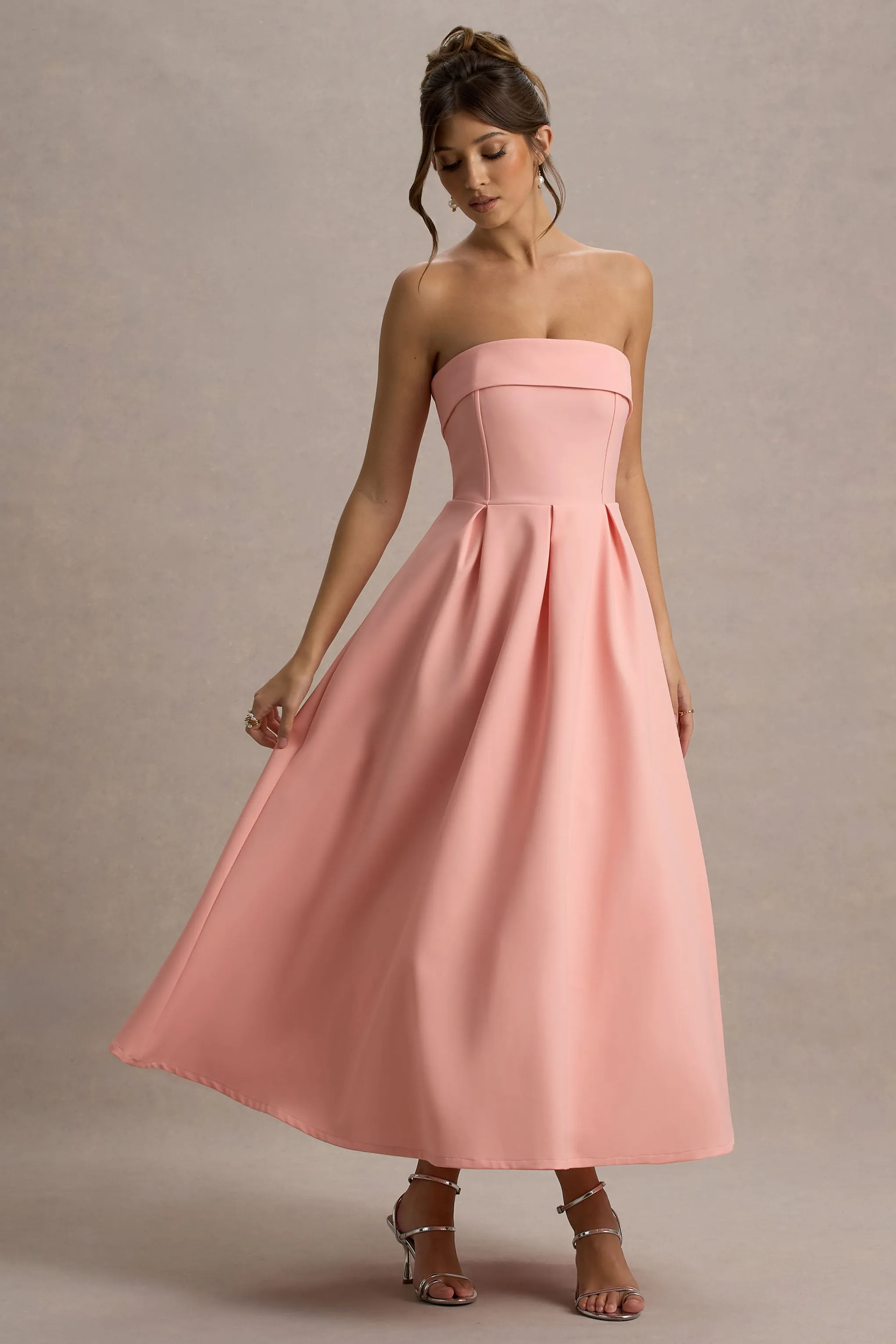 Annalise | Pink Bandeau Skater Midi Dress Club L London