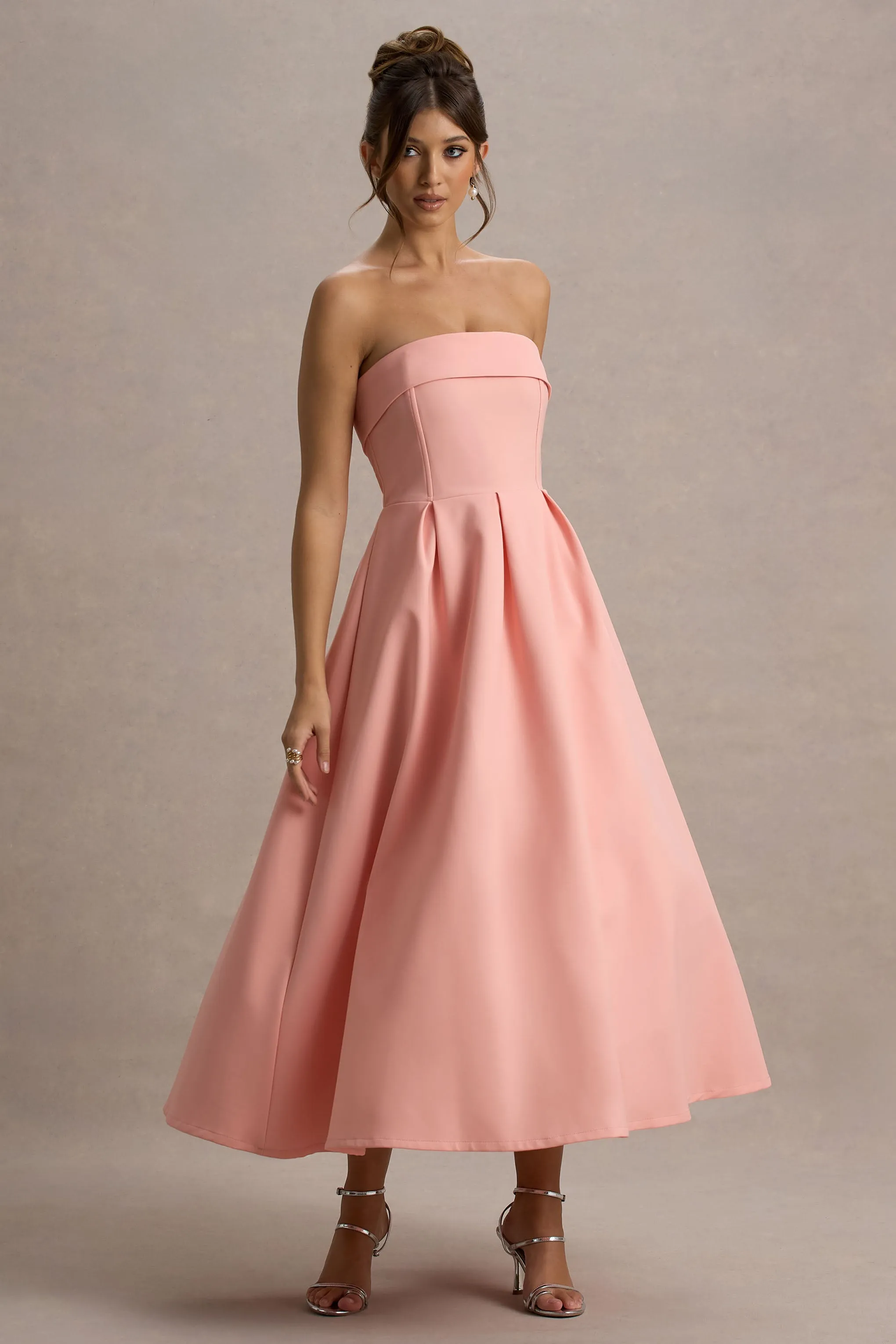 Annalise | Pink Bandeau Skater Midi Dress Club L London