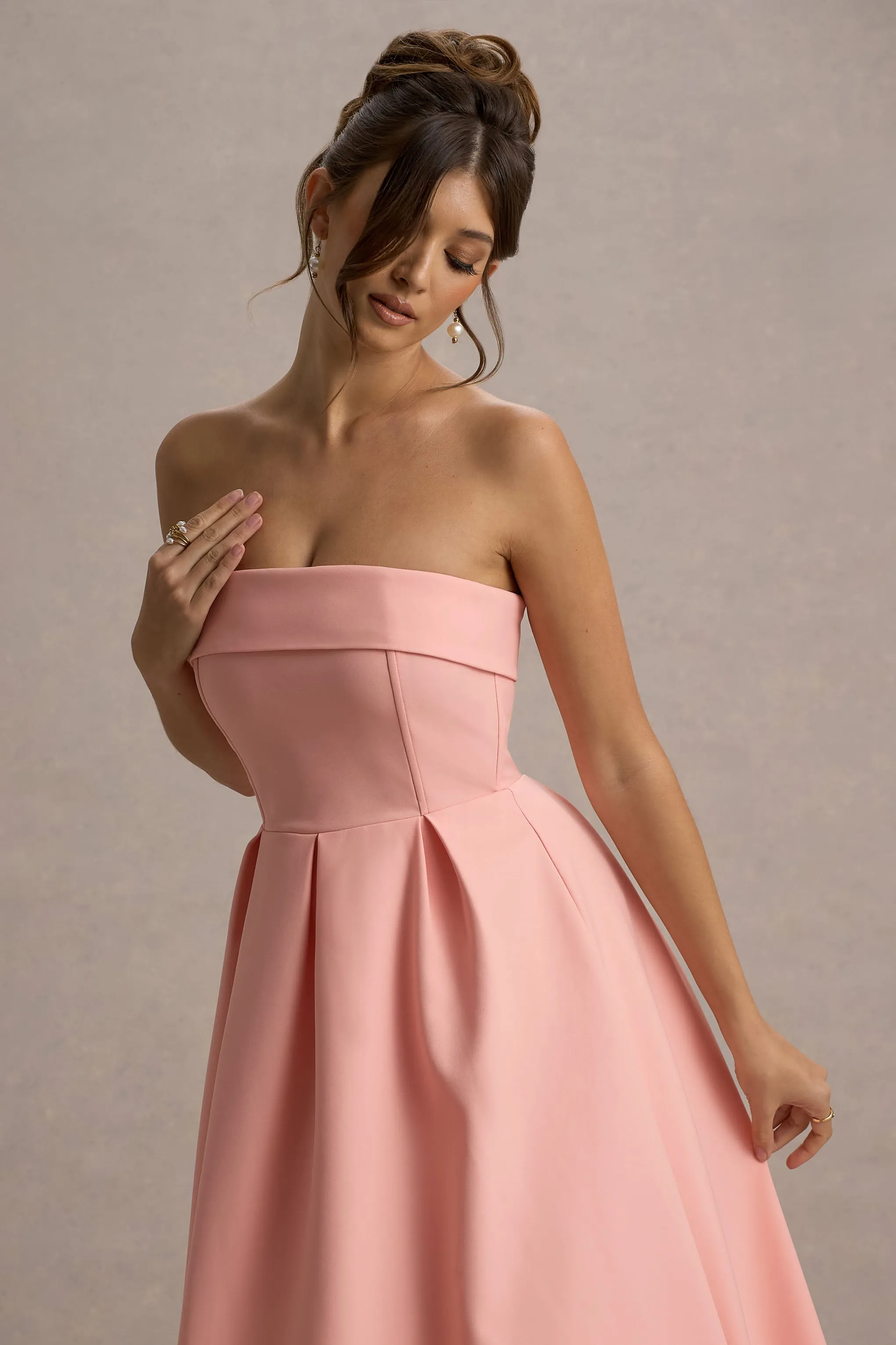 Annalise | Pink Bandeau Skater Midi Dress Club L London