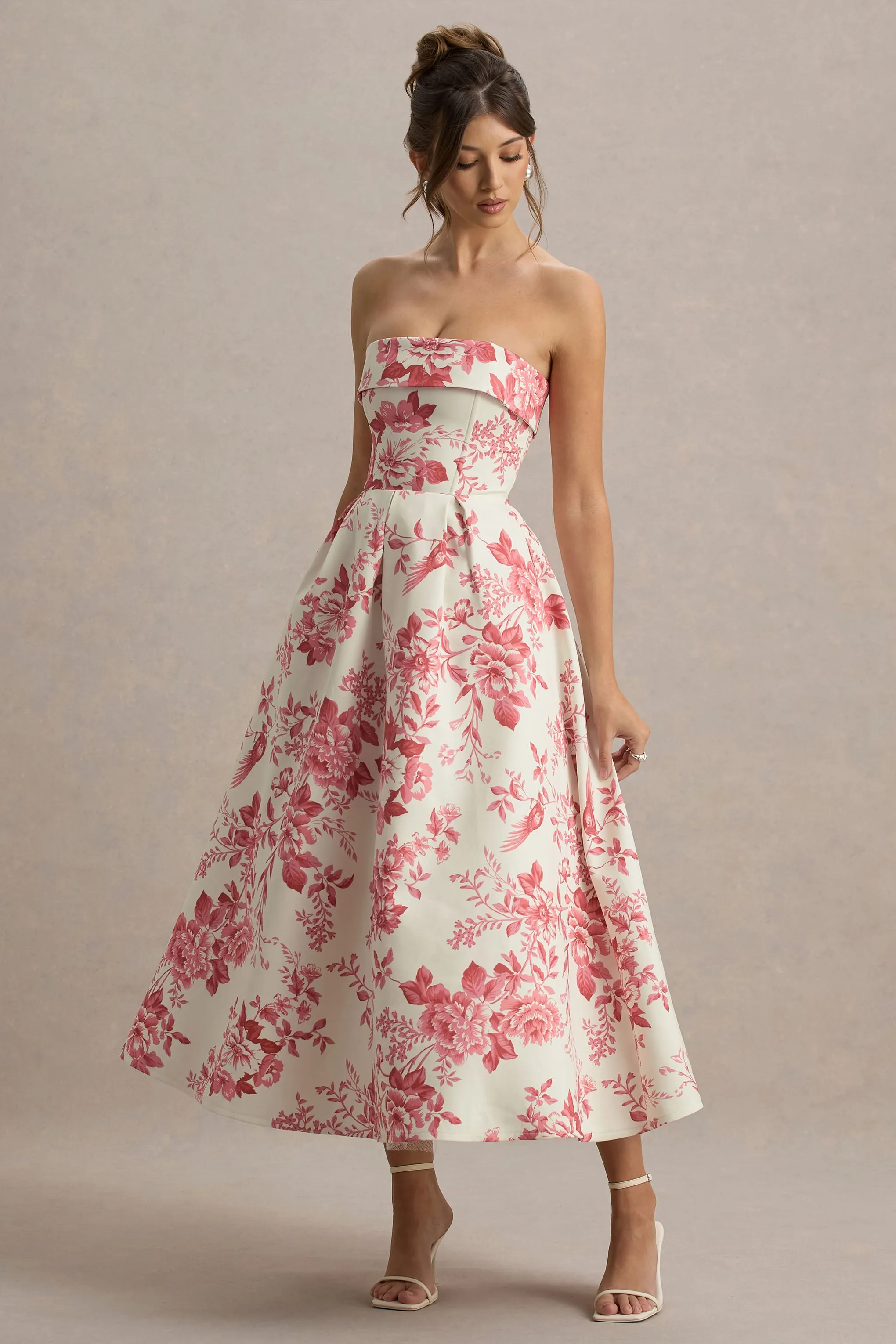 Annalise | Pink Floral Print Bandeau Skater Midi Dress Club L London