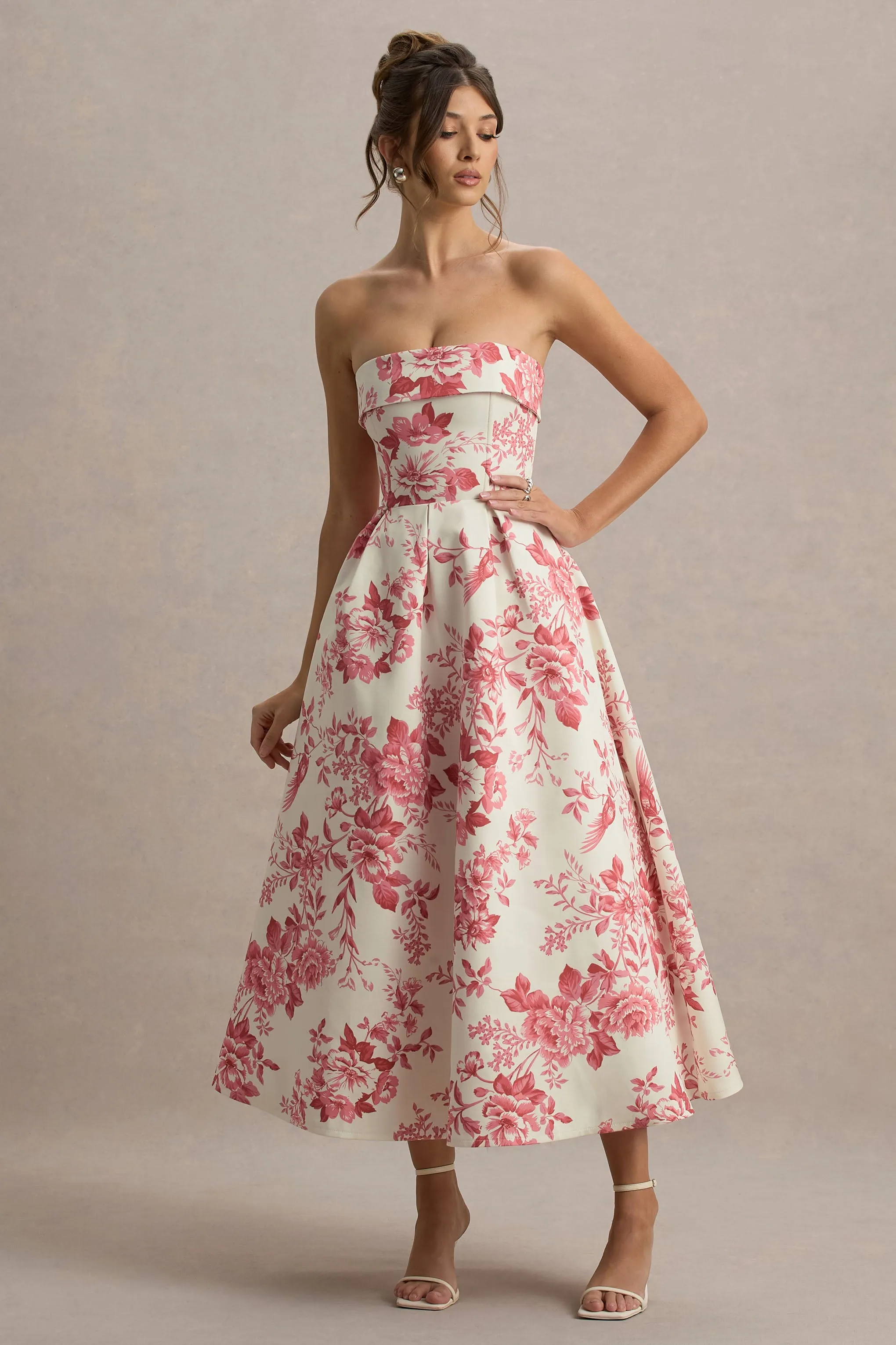 Annalise | Pink Floral Print Bandeau Skater Midi Dress Club L London