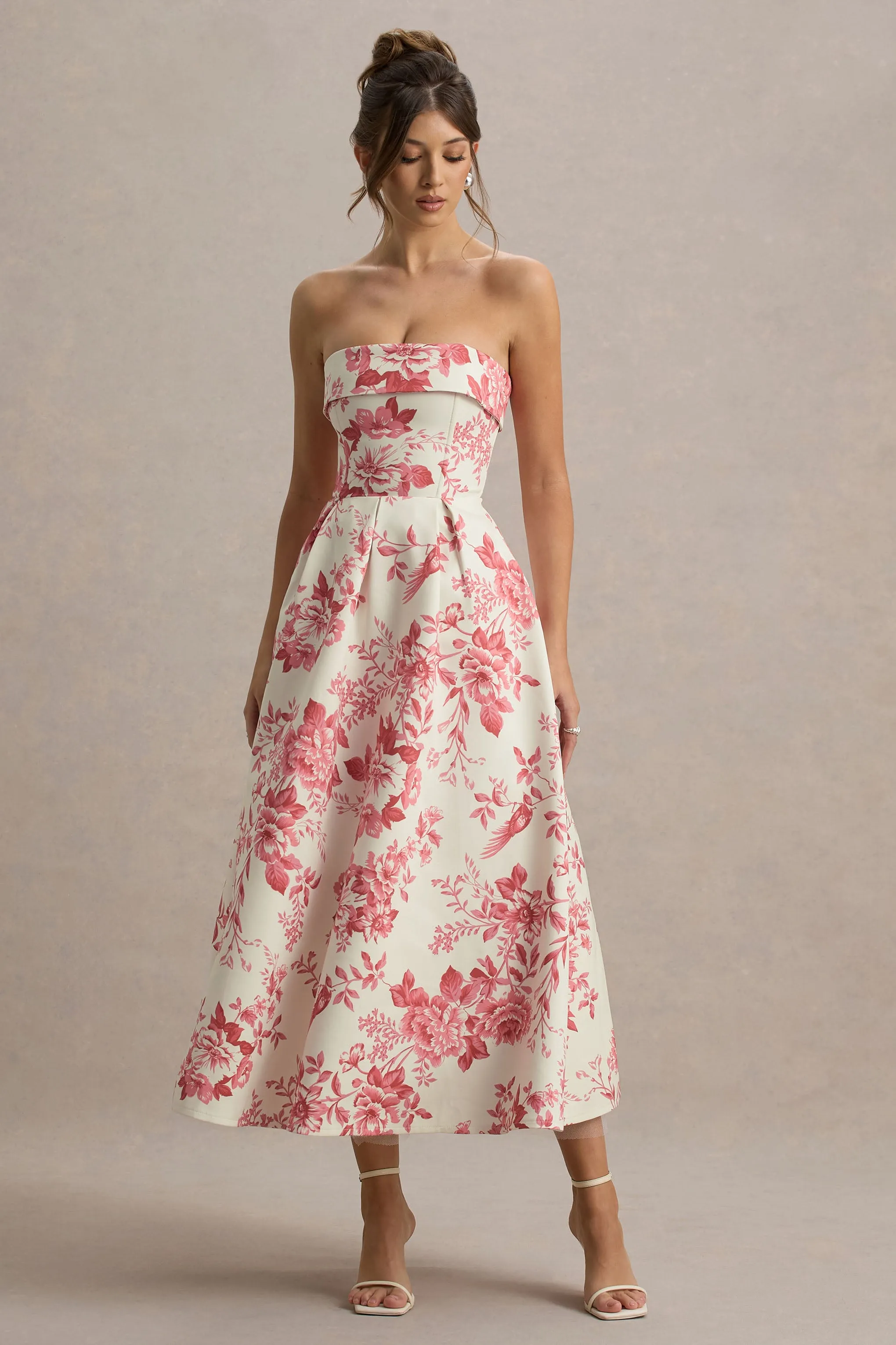Annalise | Pink Floral Print Bandeau Skater Midi Dress Club L London