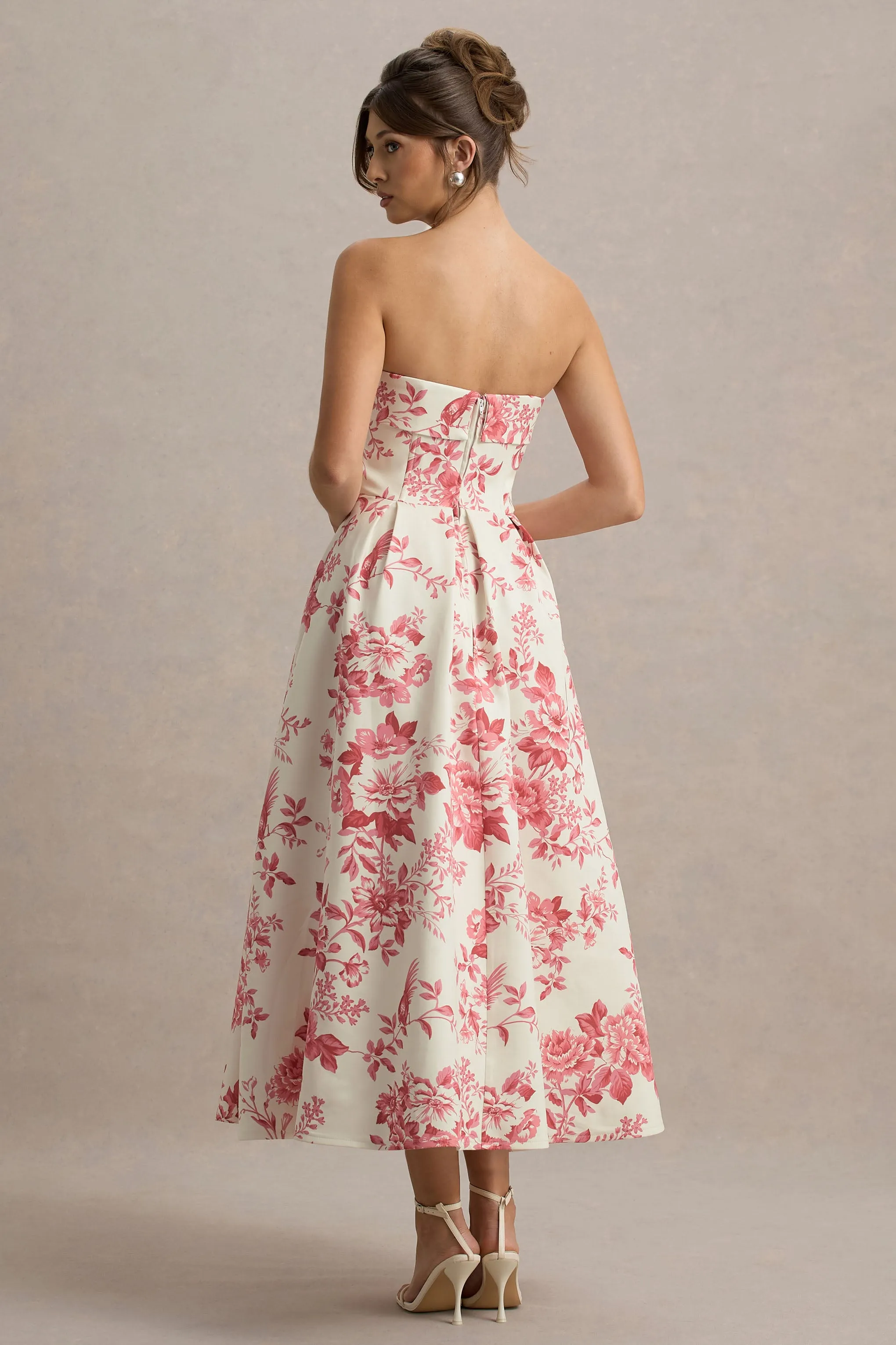 Annalise | Pink Floral Print Bandeau Skater Midi Dress Club L London