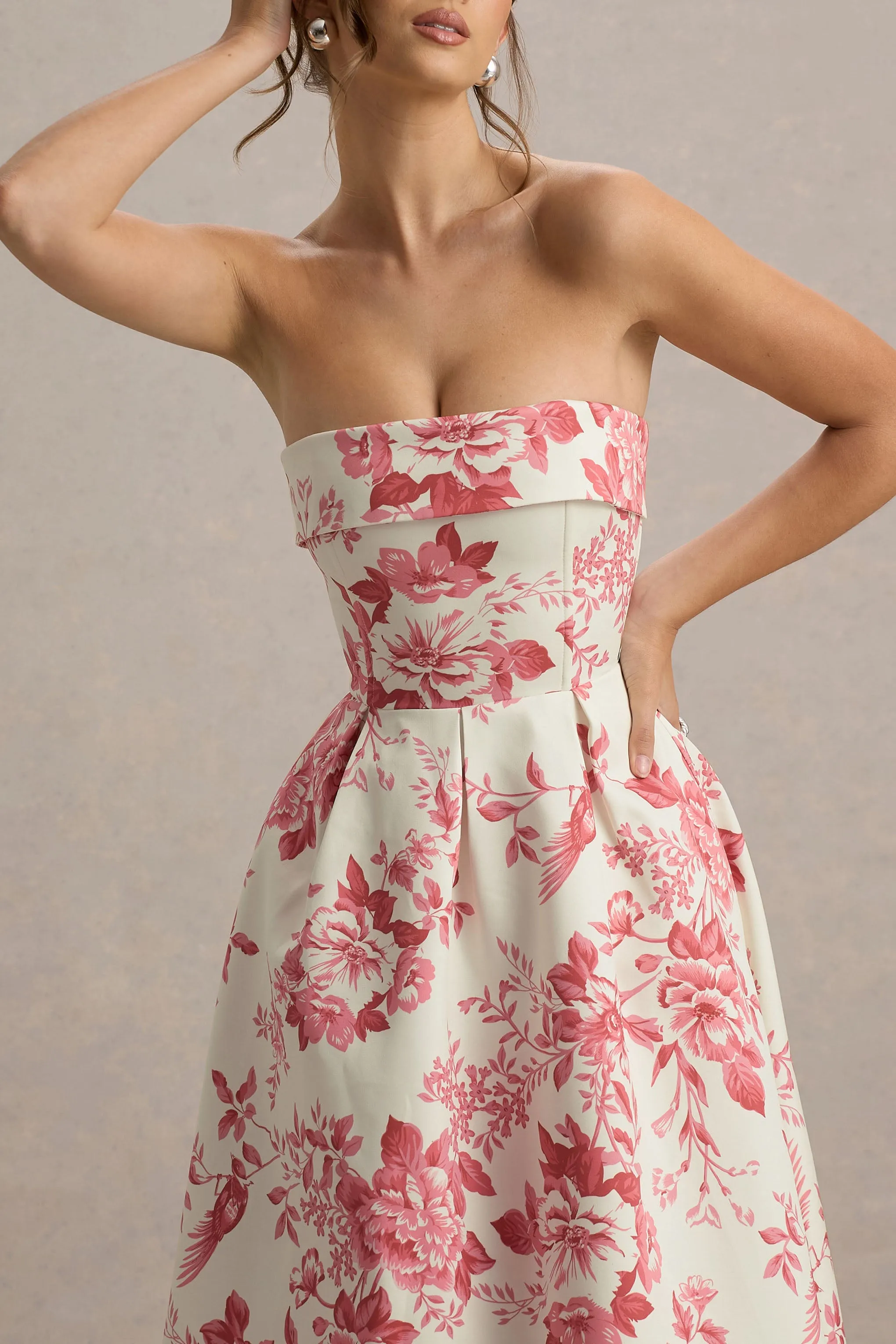 Annalise | Pink Floral Print Bandeau Skater Midi Dress Club L London