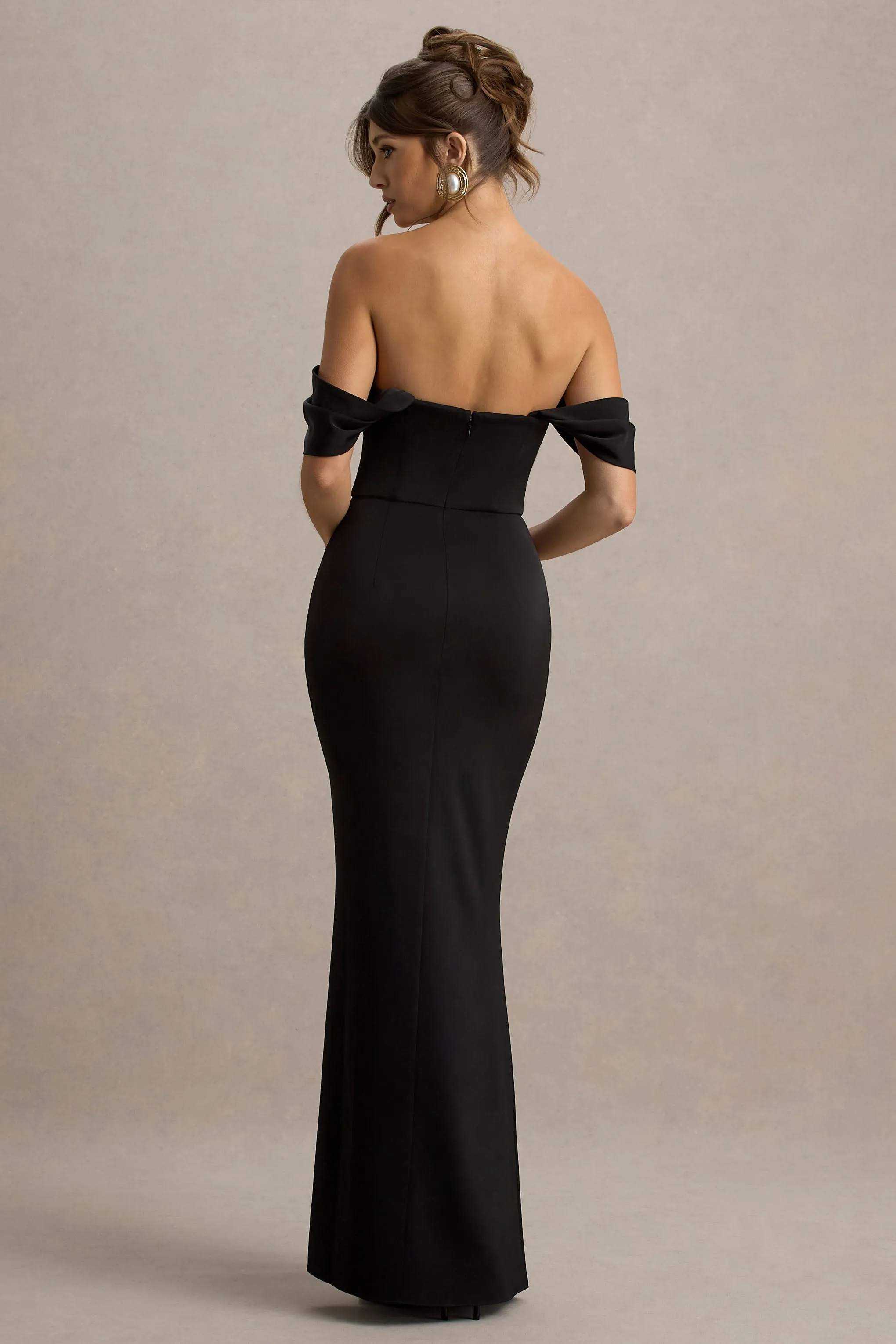 Annie | Black Satin Bardot Maxi Dress With Split Wrap Skirt Club L London