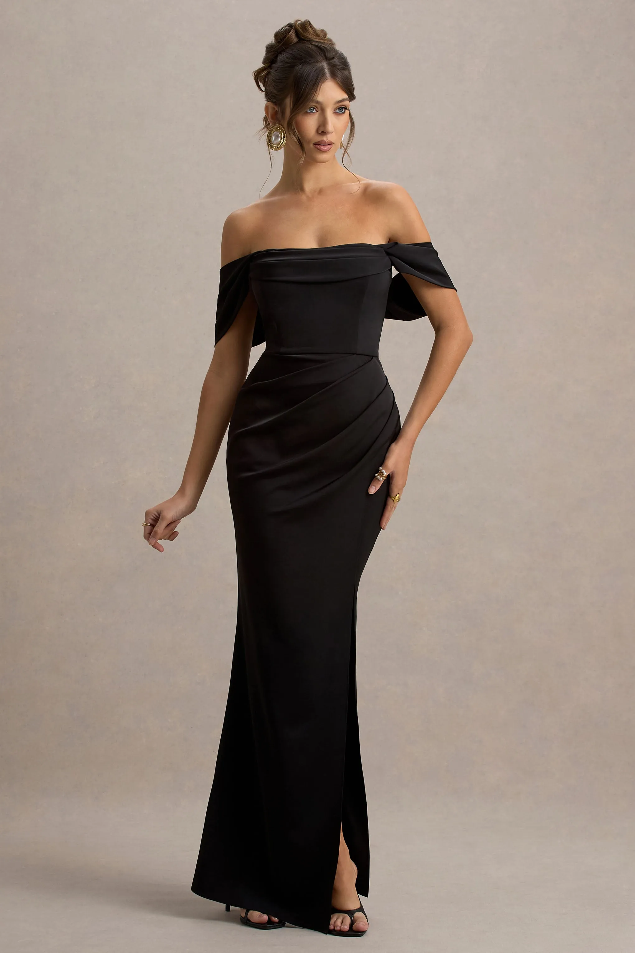 Annie | Black Satin Bardot Maxi Dress With Split Wrap Skirt Club L London