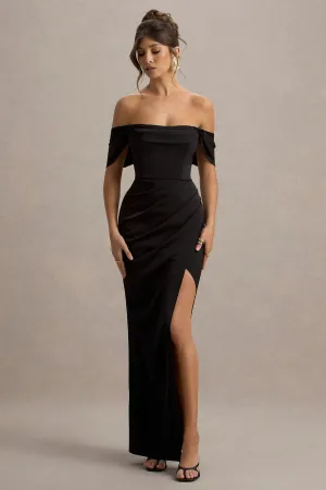 Annie | Black Satin Bardot Maxi Dress With Split Wrap Skirt Club L London