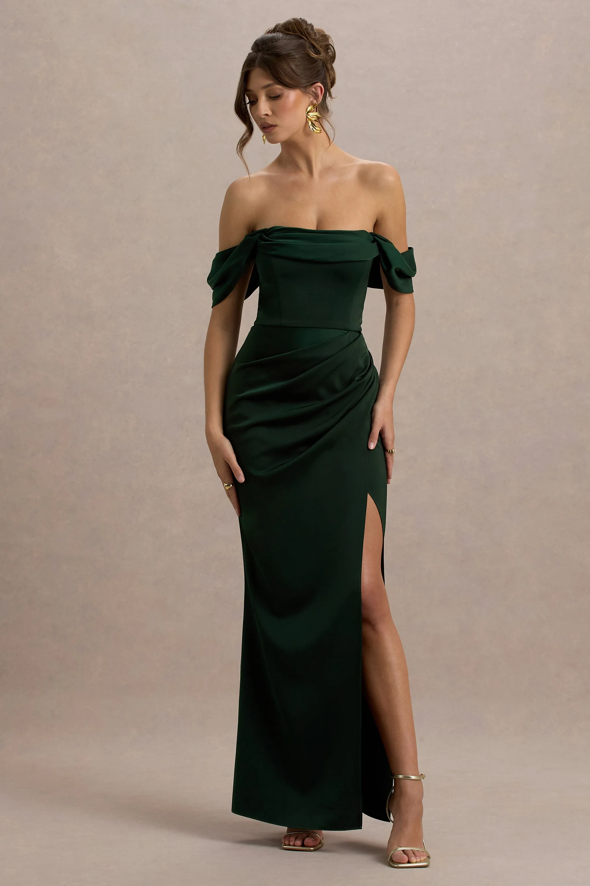 Annie | Bottle Green Satin Bardot Maxi Dress With Split Wrap Skirt Club L London