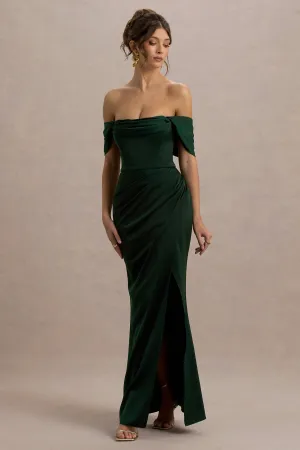 Annie | Bottle Green Satin Bardot Maxi Dress With Split Wrap Skirt Club L London